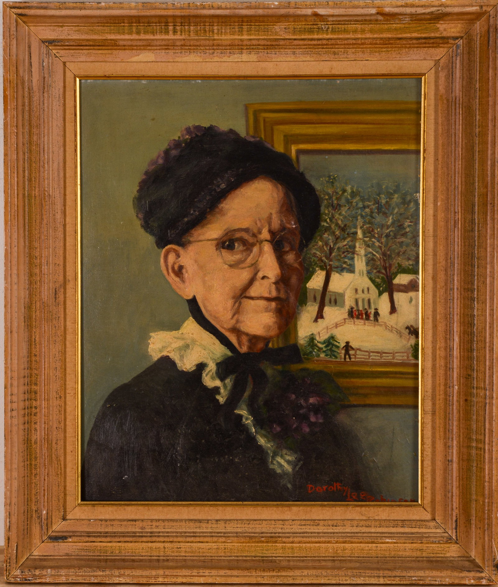 DOROTHY LEE ROBINSON. PORTRAIT OF GRANDMA MOSES.: Framed oil on board, signed lower right. Sight 20 x 16 inches. Frame 26 x 22 inches.