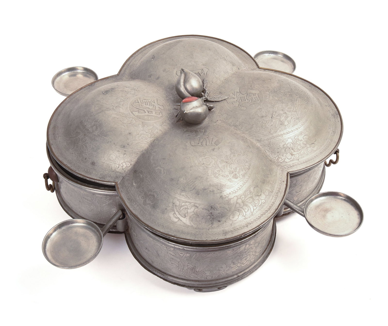 LARGE CHINESE INCISE DECORATED SWATOW PEWTER SECTIONAL.: Hot food server, complete with inserts. Republic period circa 1920. Diagonal width 15 inches, height of tray and lid 5 inches.