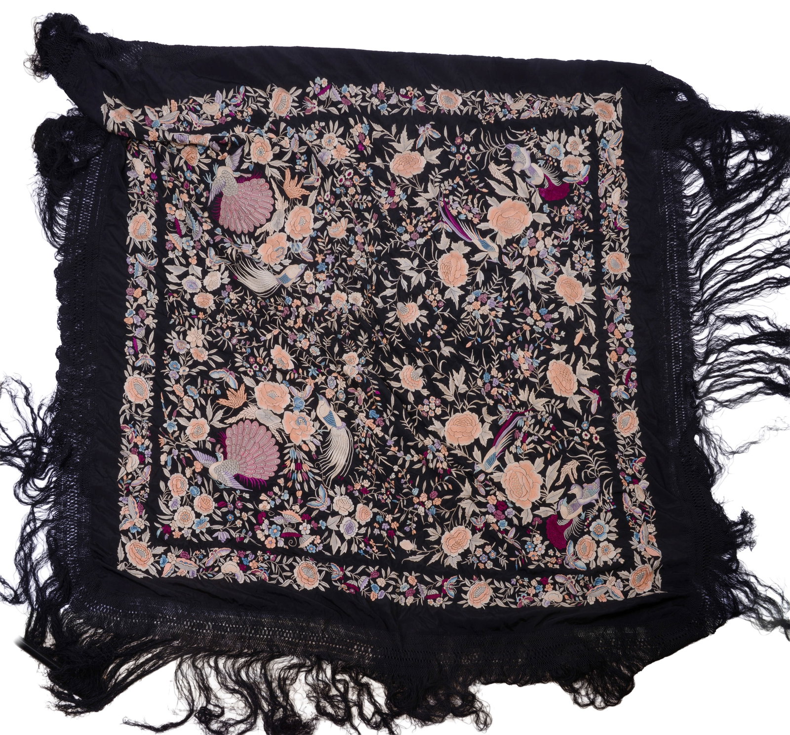 19TH CENTURY CHINESE LARGE SILK FLORAL NEEDLEWORK. (1 of 5)