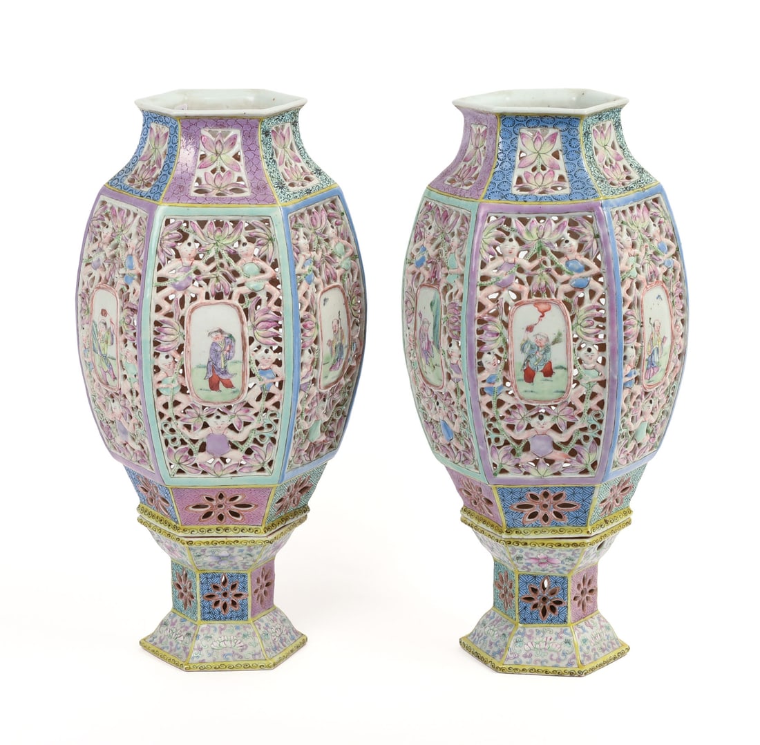 PAIR OF CHINESE RETICULATED FAMILLE ROSE 'WEDDING LANTERNS.' (1 of 5)