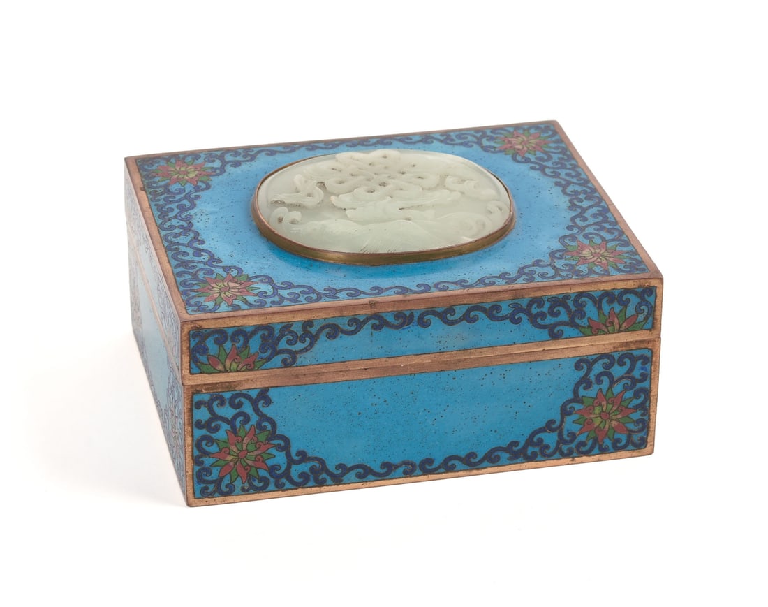 CHINESE CLOISONNE BOX WITH JADE INSERT.: 2 x 4.5 x 3.5 inches. Good condition.