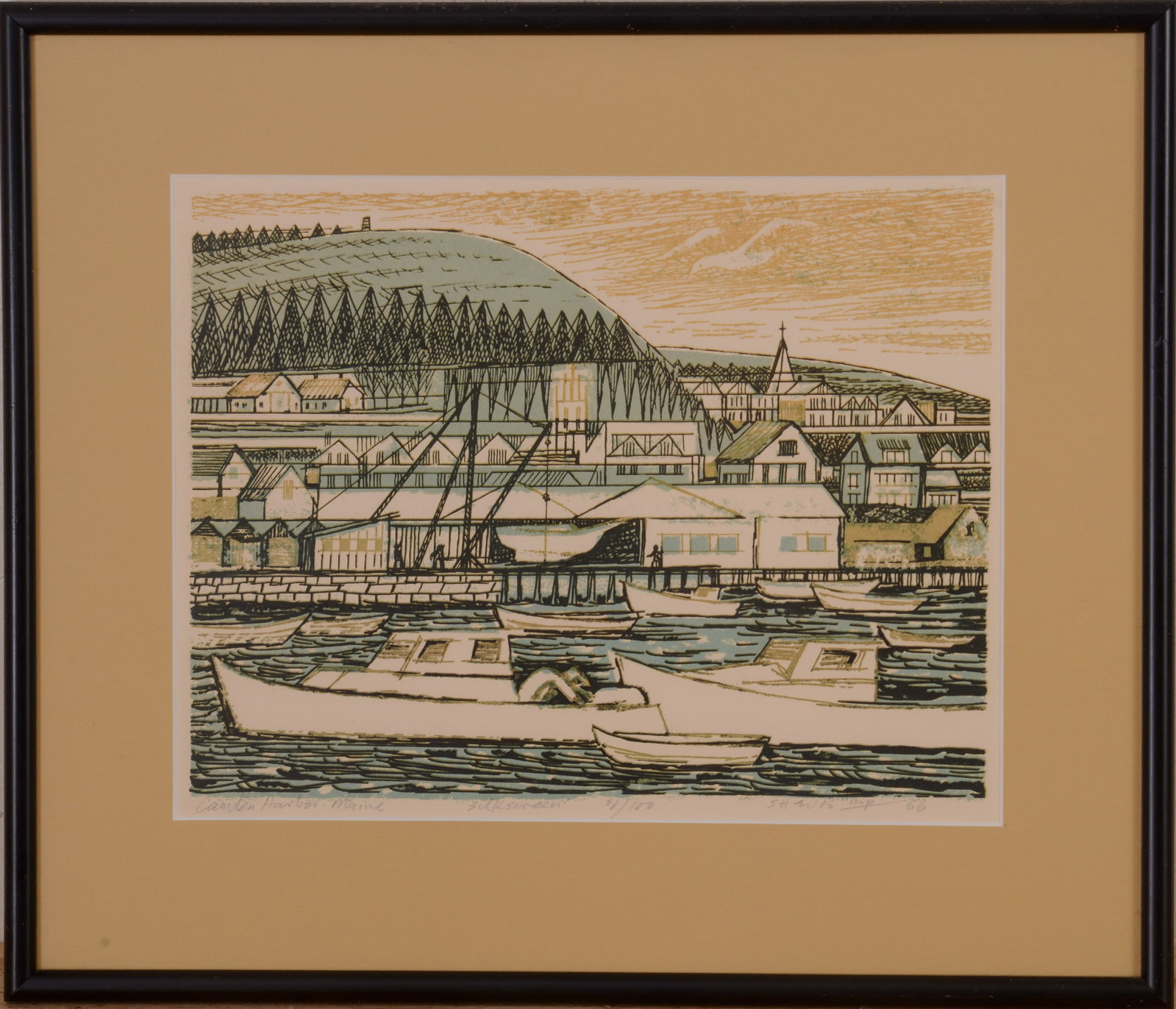 WILLIAM SHEVIS. CAMDEN HARBOR, MAINE.: Framed silkscreen, titled, signed, numbered, and dated 66 in pencil in lower margin Sight 10.5 x 13.75 inches. Frame 16.5 x 19.25 inches.
