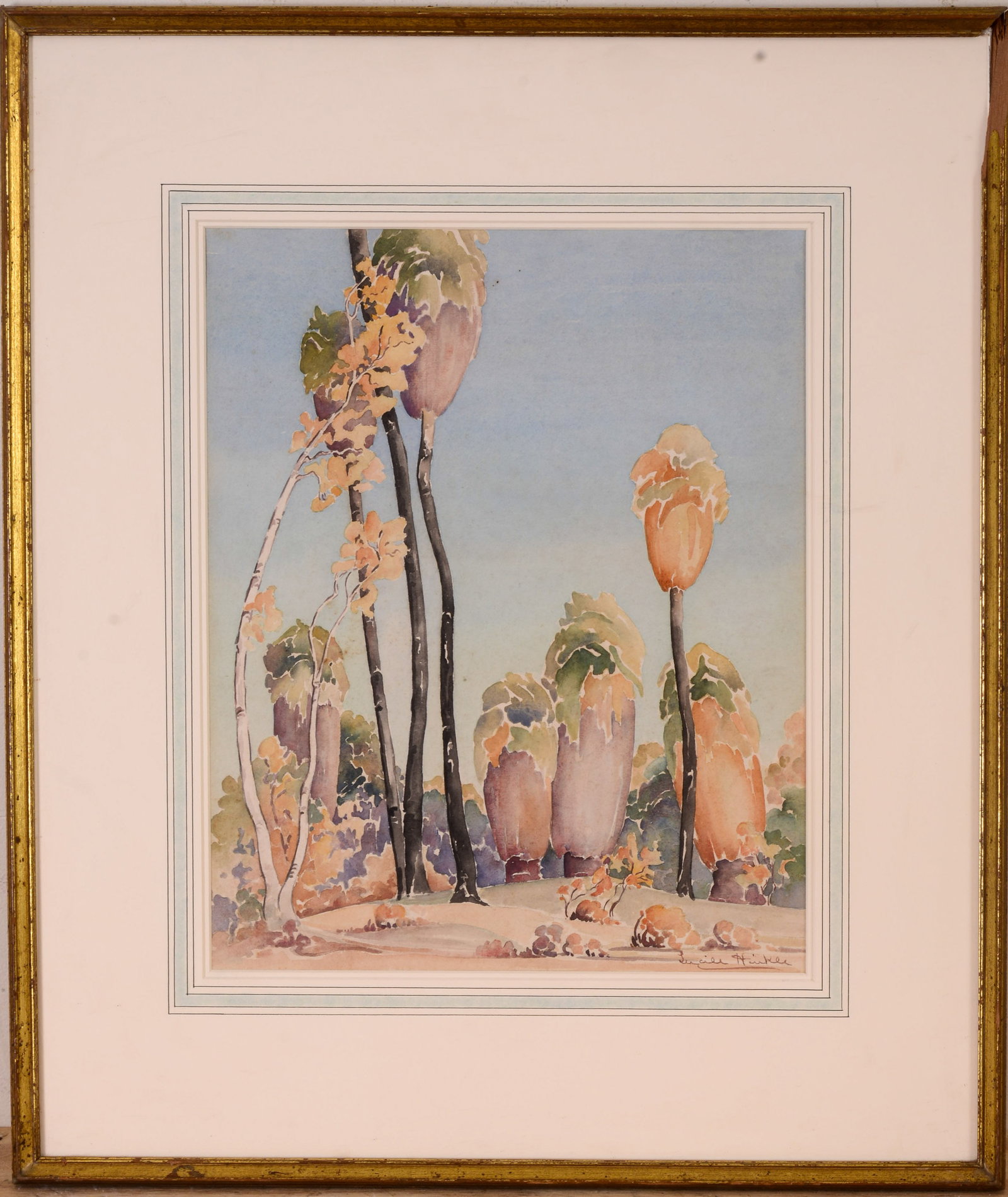 LUCILE HINKLE (MISSOURI/CALIFORNIA, 1895 - 1985). WATERCOLOR OF TREES.: Signed lower right. Sight 14 x 11.5 inches. Framed, 22.5 x 19 inches. Loss to frame, upper right.