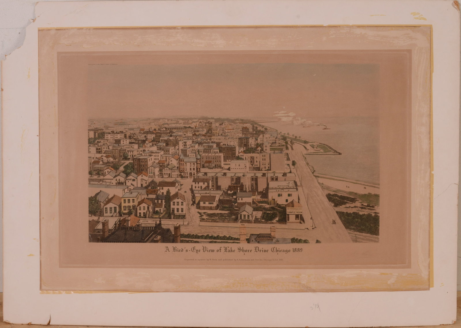 BIRDâ€™S EYE VIEW OF LAKE SHORE DRIVE, CHICAGO, 1889.: 1931, unframed. Sheet 16 x 24 inches. Overall toning.