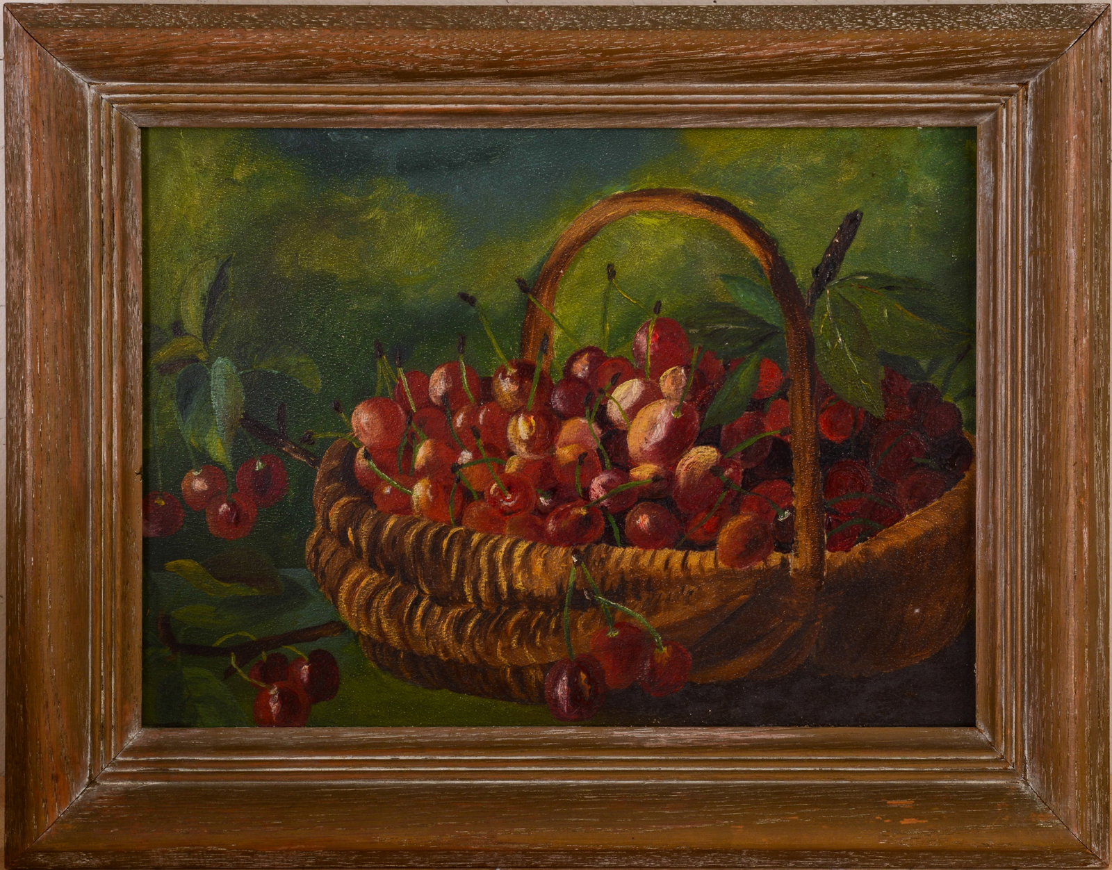 STILL LIFE OF CHERRIES IN A BASKET.: Framed 19th century oil on board. Sight 9 x 12 inches.