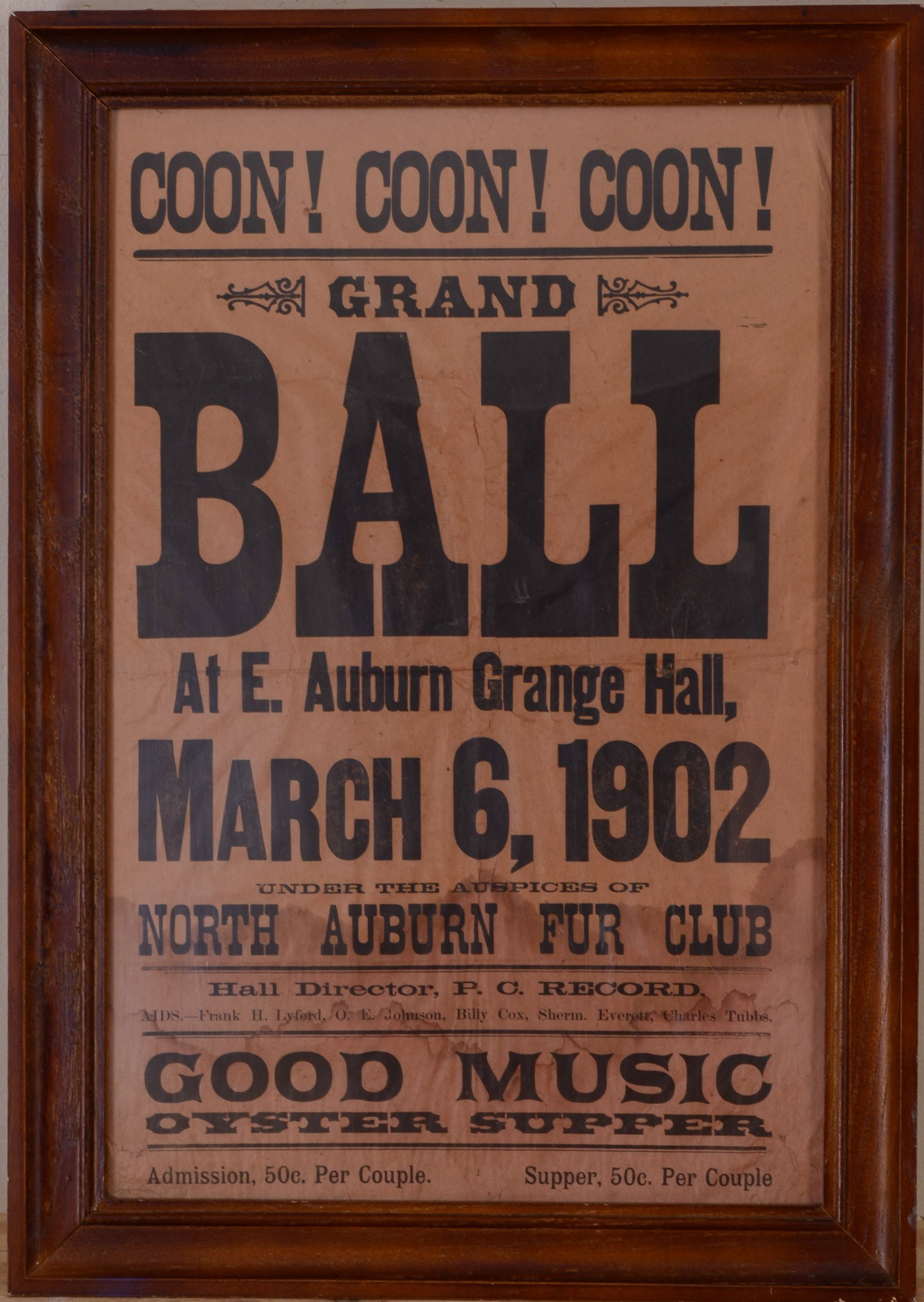 1902 MAINE GRAND BALL BROADSIDE.: Framed North Auburn Fur Club poster. Sight 18 x 12 inches.
