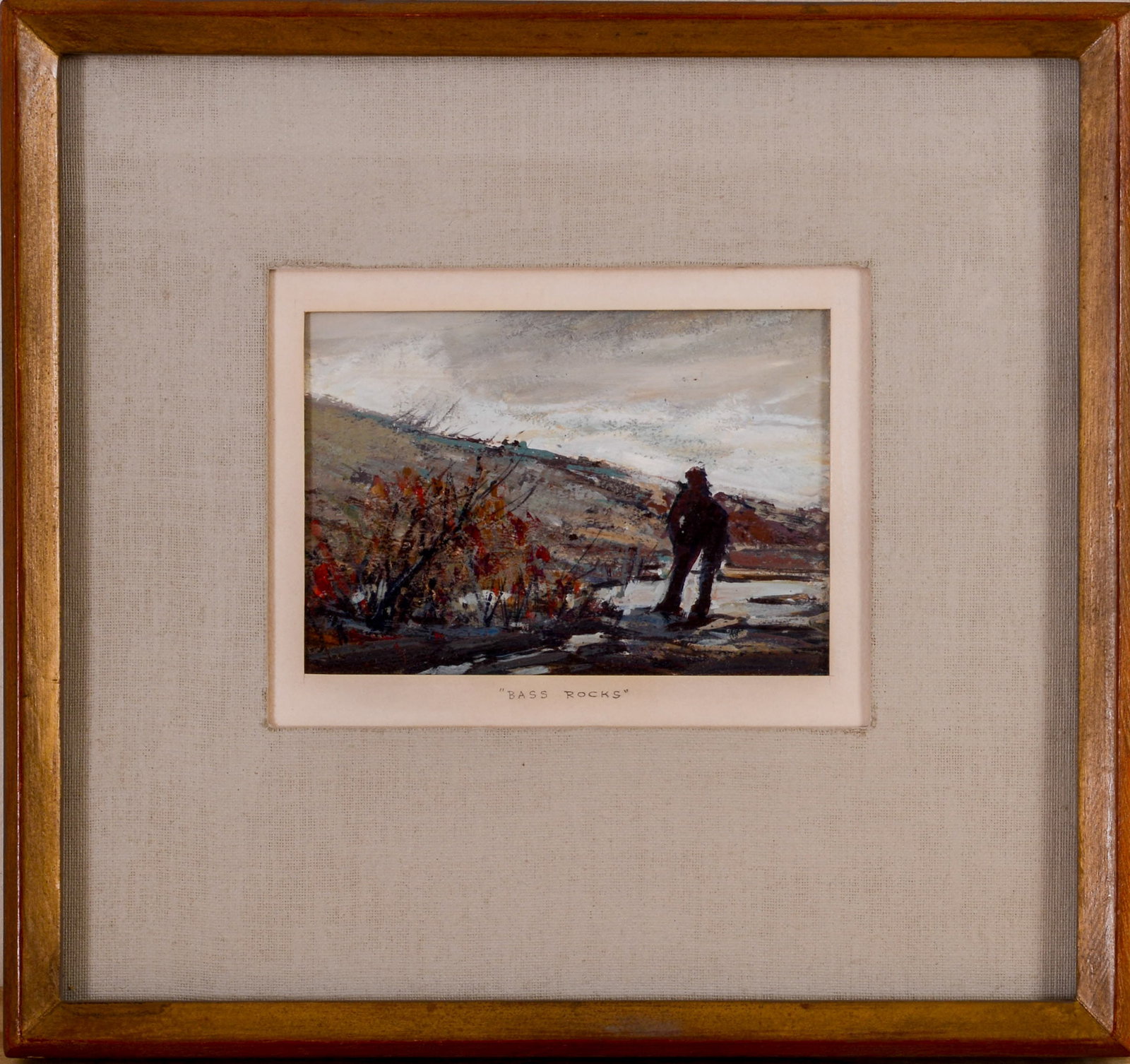 BOB NALLY (1938 - 1990). BACK SHORE, BASS ROCKS, 1975.: Framed oil on board signed on verso. Sight 5 x 7 inches. Framed 14.5 x 15.5 inches.