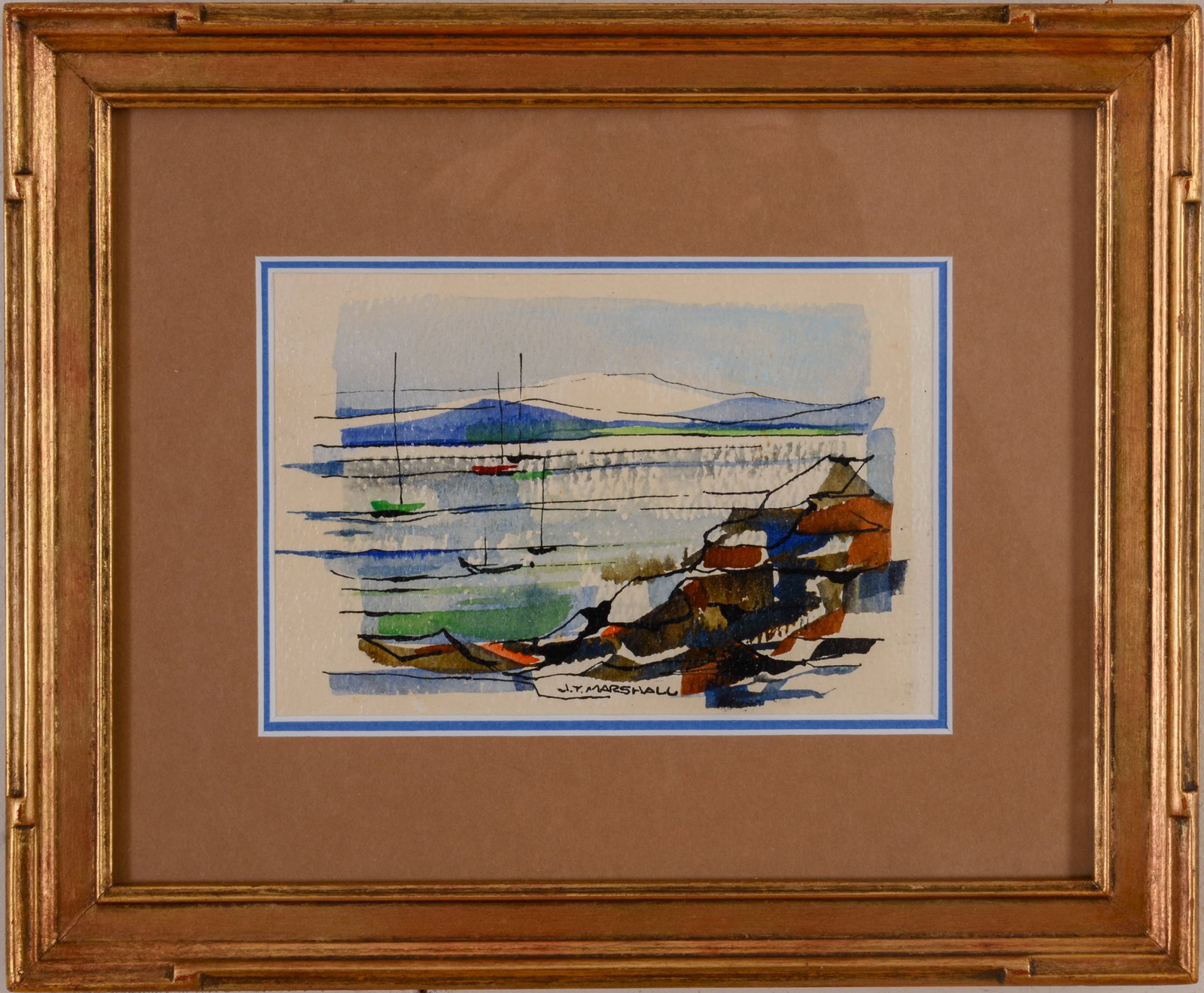 J THURSTON MARSHALL (1908 - 1982). SAILBOATS IN HARBOR.: Framed watercolor on paper, signed lower right. Sight 4.5 x 6.5 inches. Frame 9.5 x 11.5 inches.