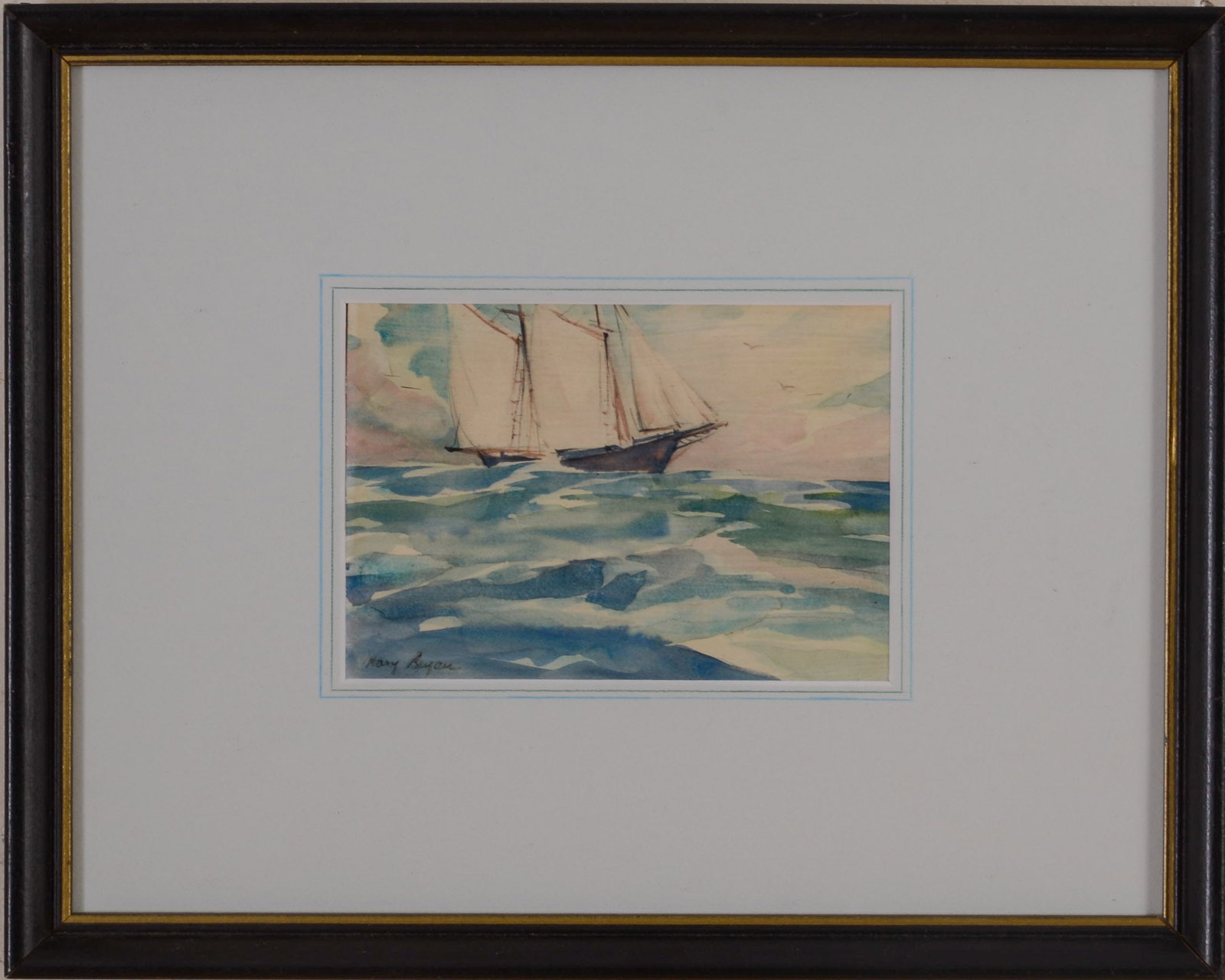 MARY TAYLOR BRYAN (1907 - 1978). SCHOONER OFF CAPE ANNE.: Framed watercolor on paper, signed lower left. Sight 4.5 x 6.75 inches. Frame 12 x 15 inches.