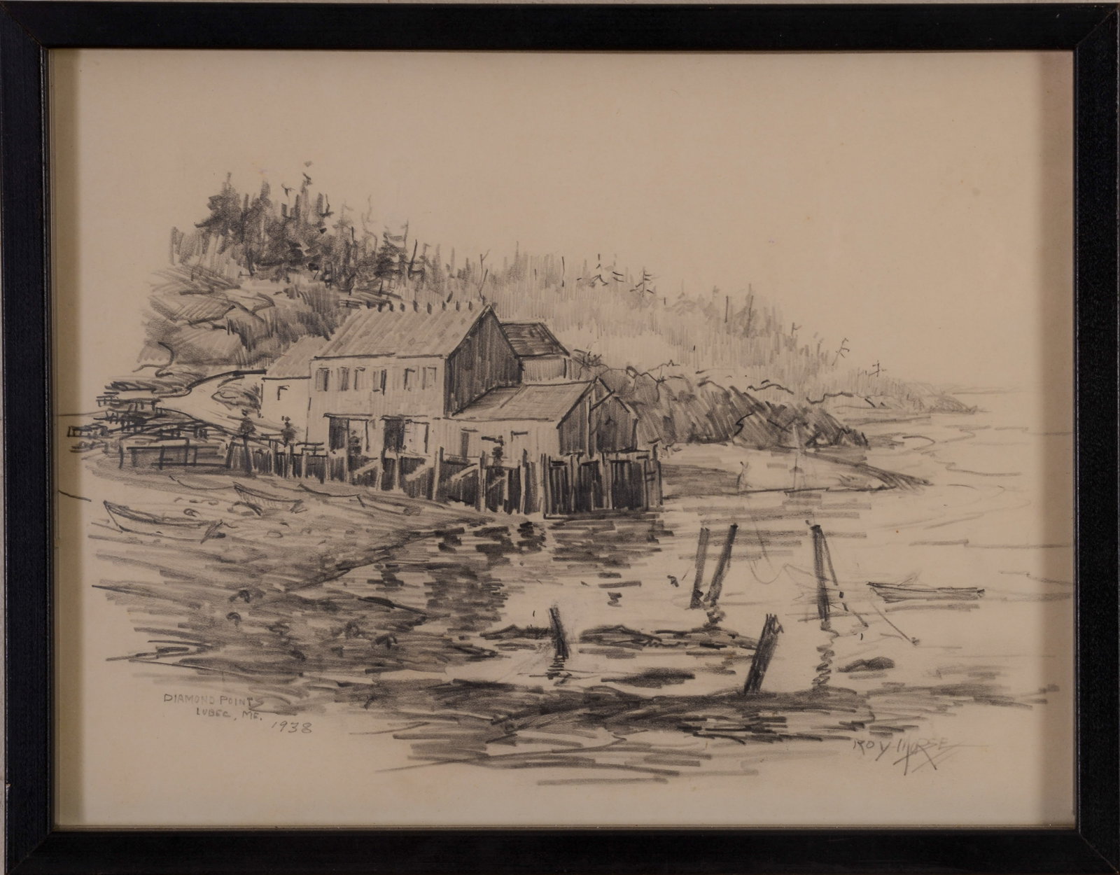 C ROY MORSE. DIAMOND POINT, LUBEC MAINE, 1938.: Framed pencil on paper, signed and dated. Frame 9 x 11.5 inches.