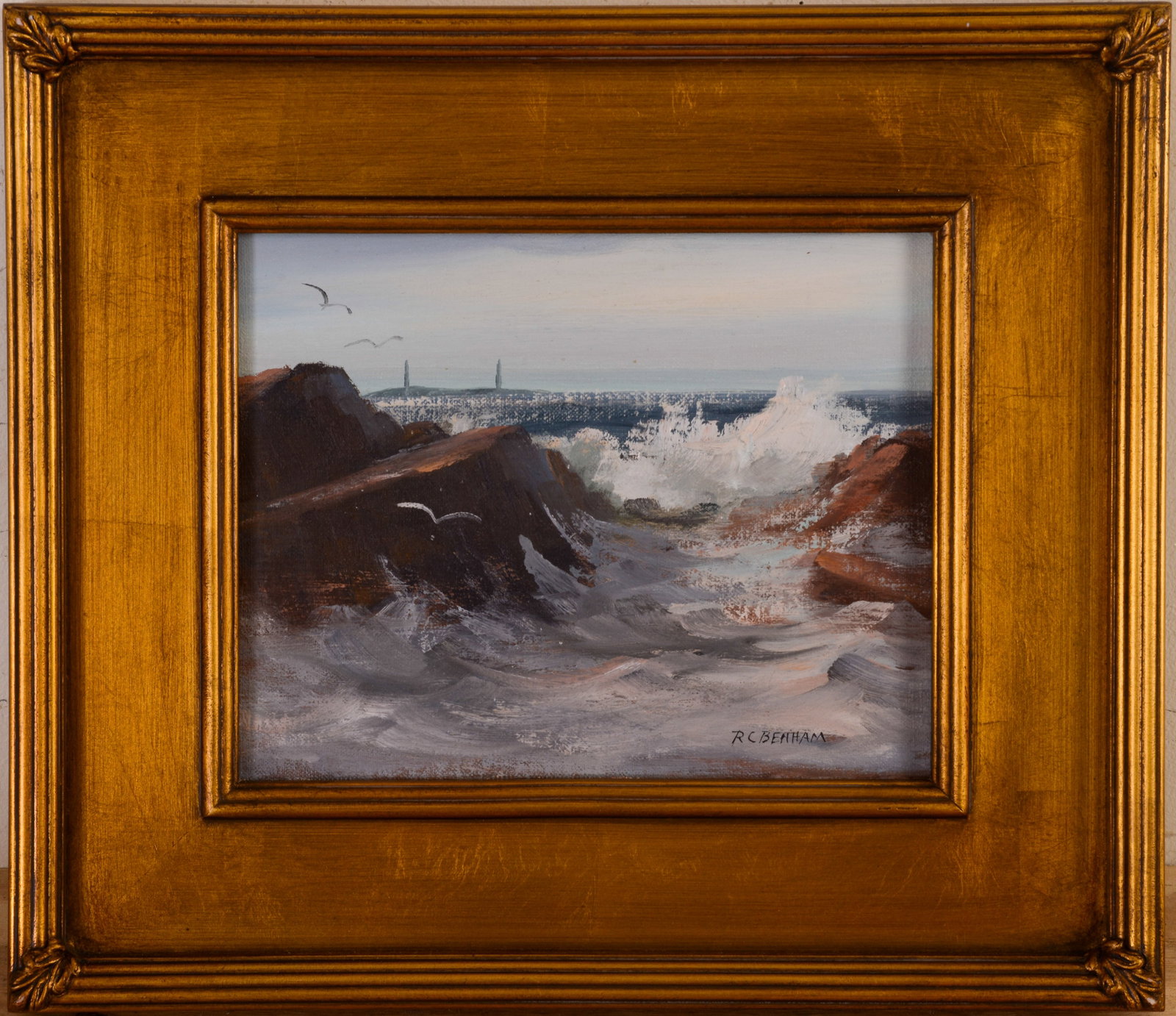 ROBERT BENHAM (1908 - 2002). CRASHING SURF, THATCHER'S ISLAND TWIN LIGHTS.: Framed oil on board, signed lower right. Sight 8 x 10 inches. Frame 13.5 x 15.5 inches.