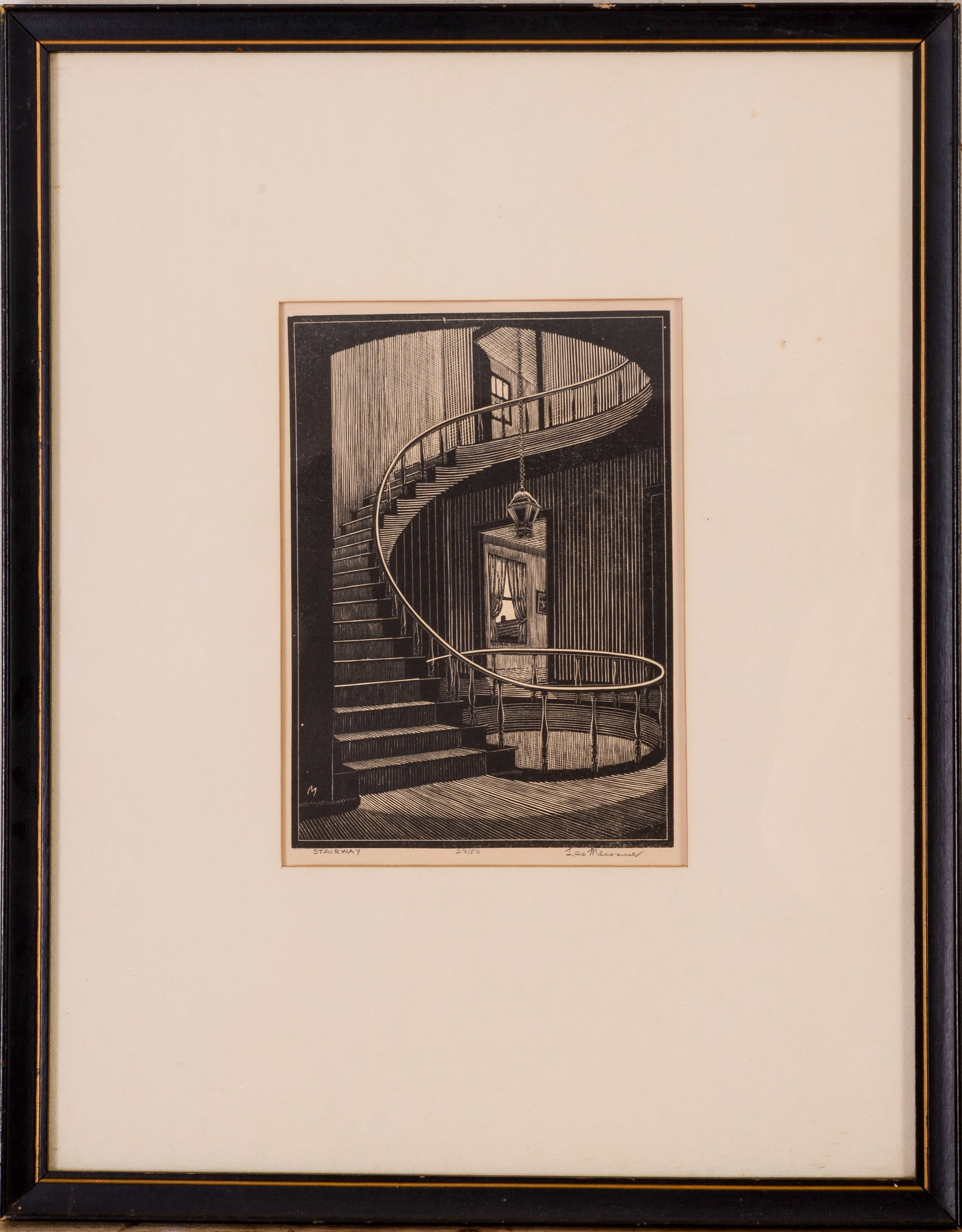 LEO MEISSNER. â€?STAIRWAY.â€?: Framed wood engraving, titled, signed and numbered in pencil in lower margin. Sight 9 x 6.25 inches. Frame 19 x 15 inches.