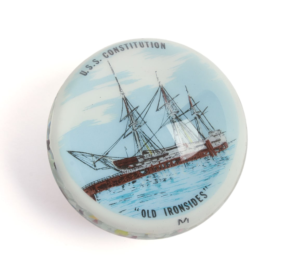 U.S.S. â€?OLD IRONSIDESâ€? GLASS PAPERWEIGHT.: Diameter 3 inches.