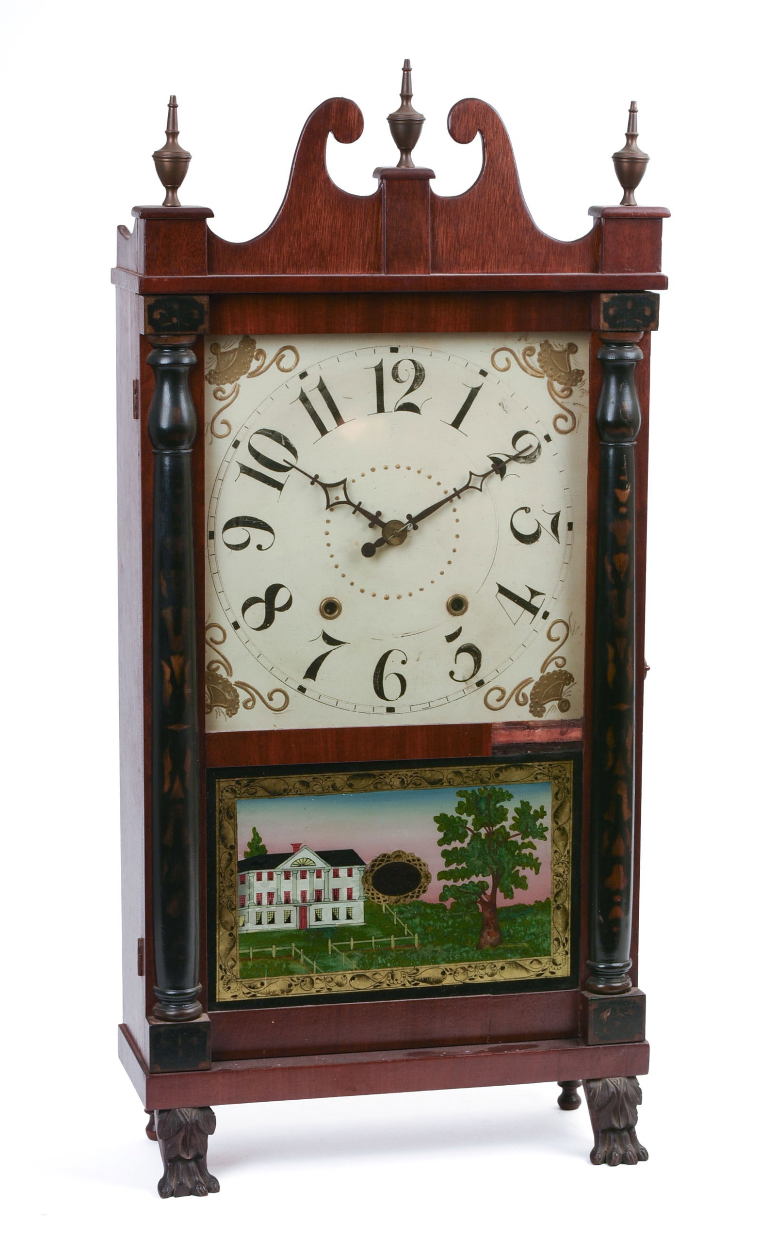 E. & G. W. BARTHOLOMEW SCROLL AND PILASTER MANTLE CLOCK.: Labeled in interior, 19th century. Height 29 inches, width 14 inches, depth 5 inches. Missing on piece of veneer, not tested for operation.