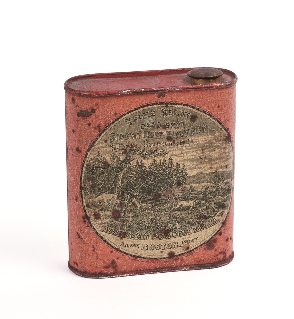 19 CENTURY AMERICAN POWDER MILLS GUNPOWDER TIN, BOSTON.: 4 x 3.5 x 1.25 inches. Some surface loss.