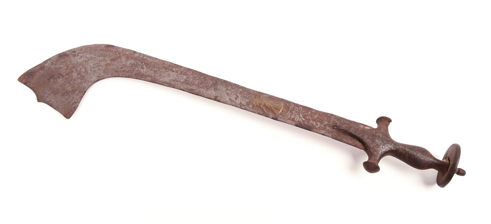 ANTIQUE NEPALI KORA SWORD.: Steel, with raised brass figure, and inscribed decoration. Length 26 inches.