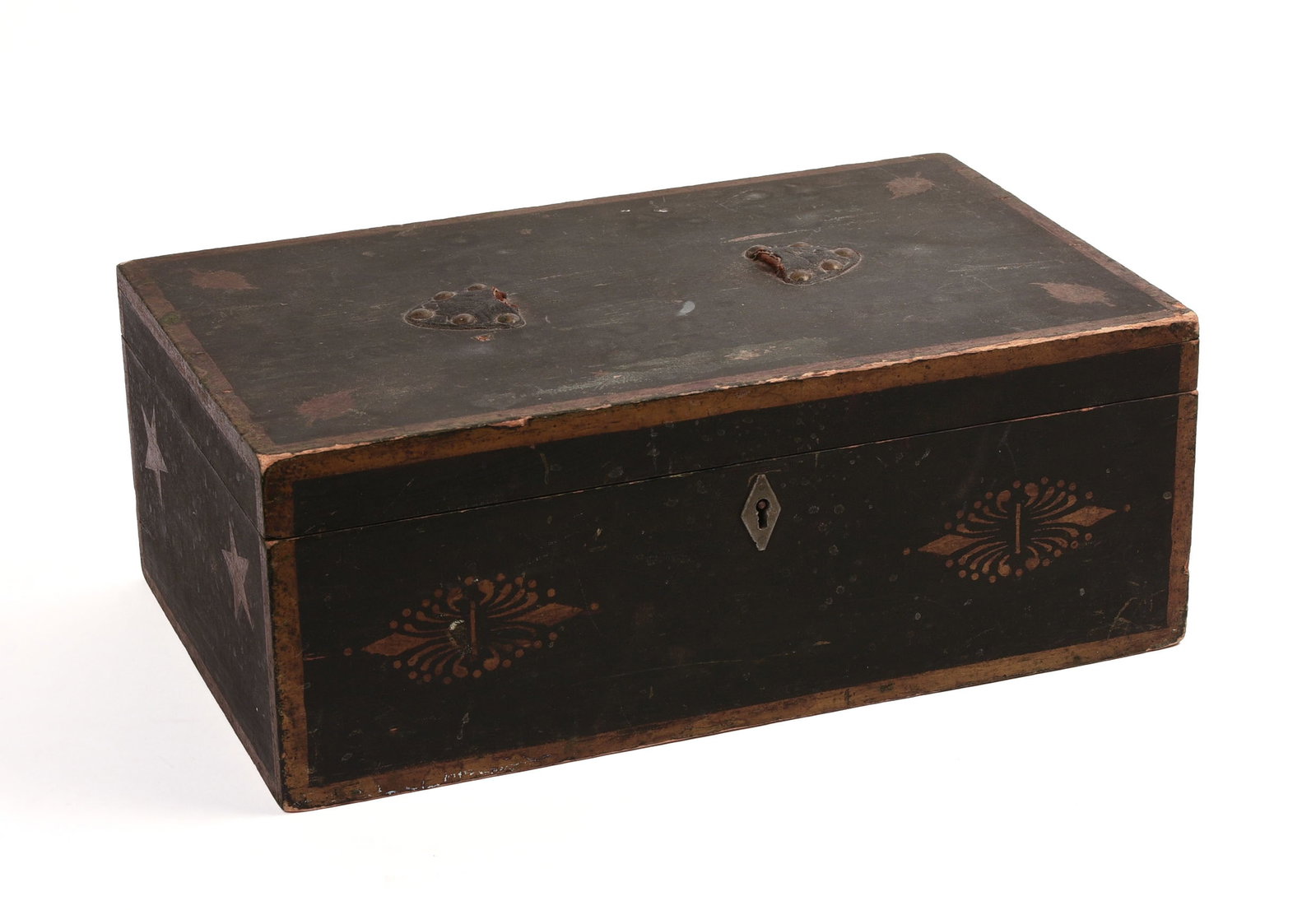 EARLY 19TH CENTURY PAINT-DECORATED BOX.: Star and fleur-de-lis decoration. 6 x 16 x 10 inches. Leather handle missing.