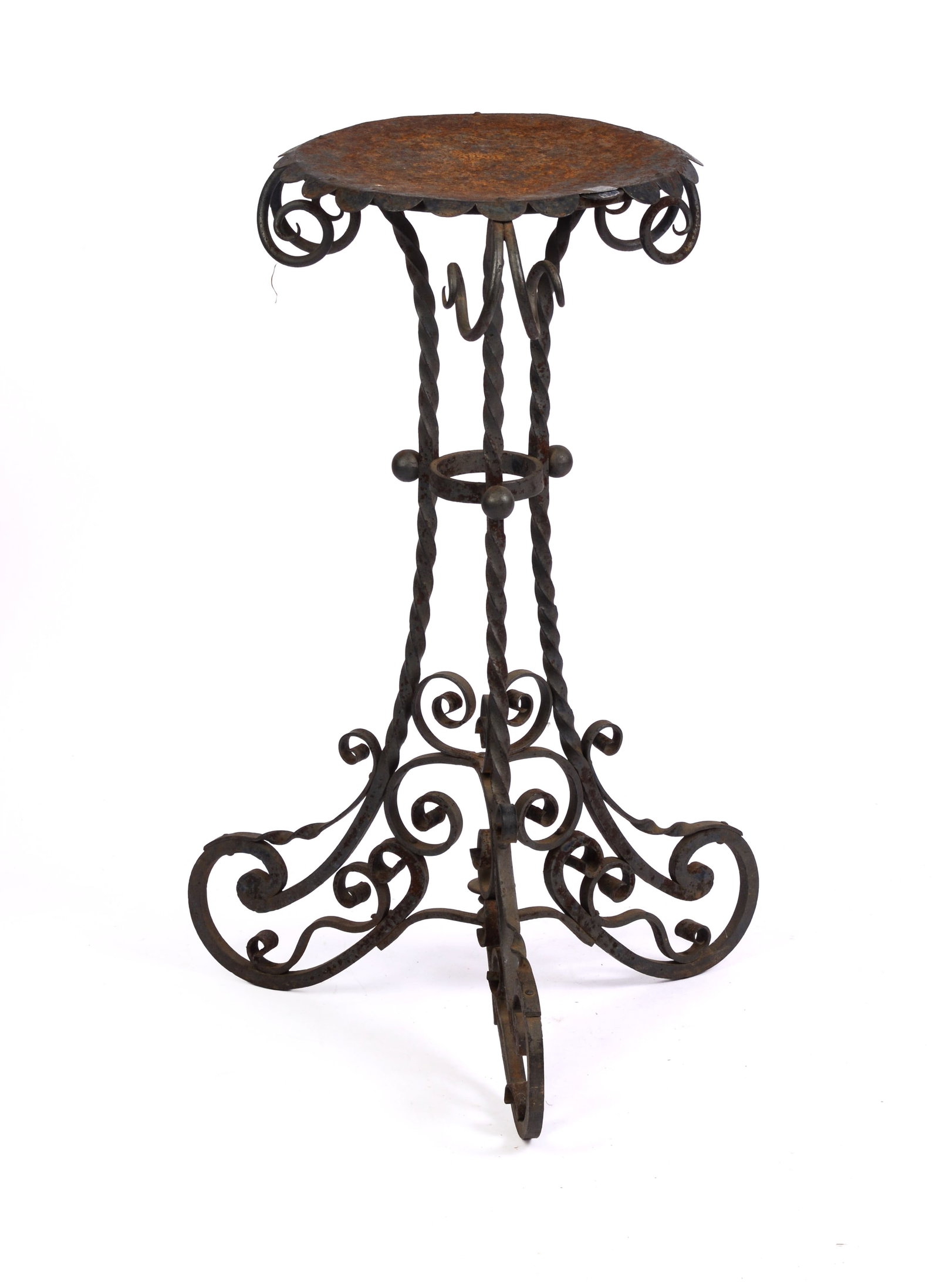 WROUGHT IRON AMERICAN PLANT STAND.: Very well wrought, late 19th/early 20th century. Height 30 inches, diameter 18 inches. One petal on rim detached, but present.