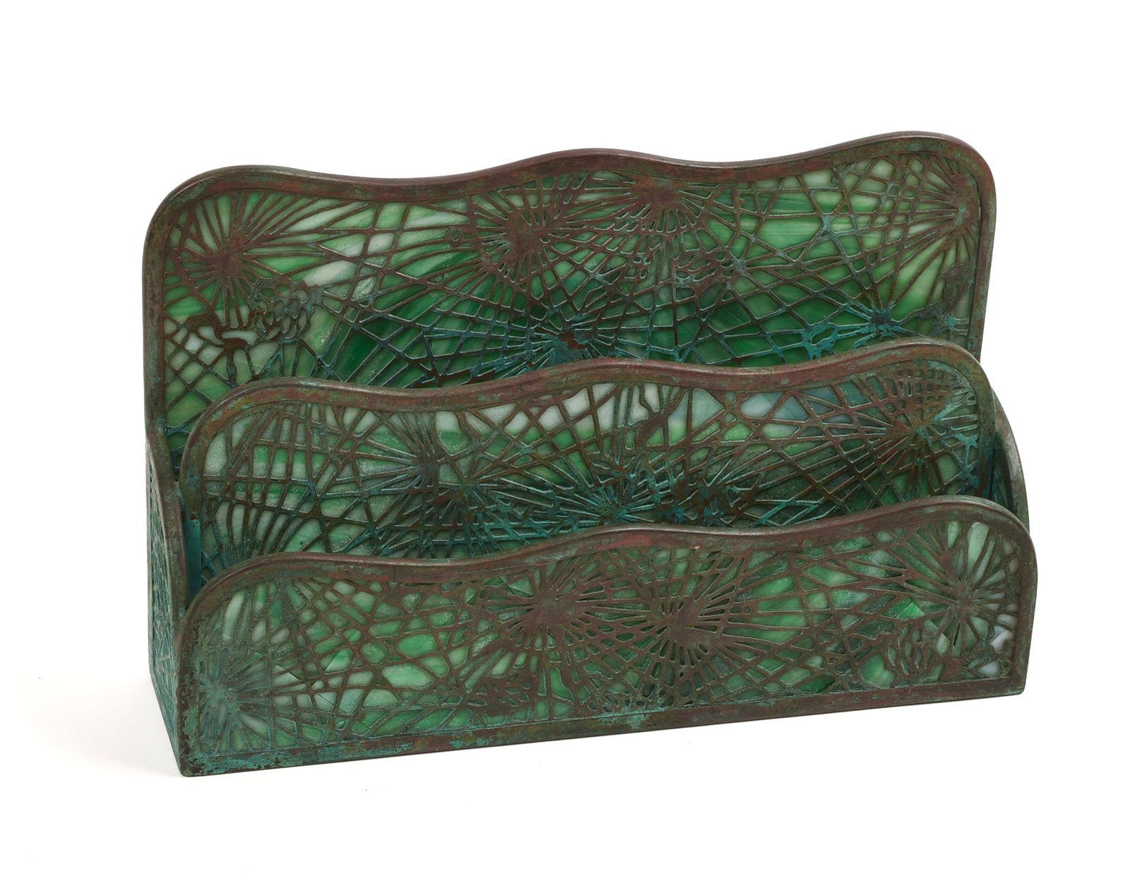 TIFFANY STUDIOS LETTER HOLDER.: Signed. 6.25 x 2.25 x 10 inches. Front and back panels cracked.