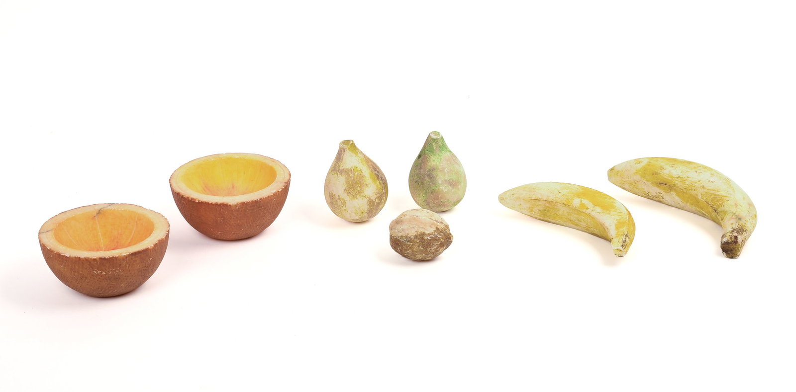 SIX PIECES OF STONE FRUIT.: Including a whole halved cantaloupe, bananas, and others. Banana length 6 inches.