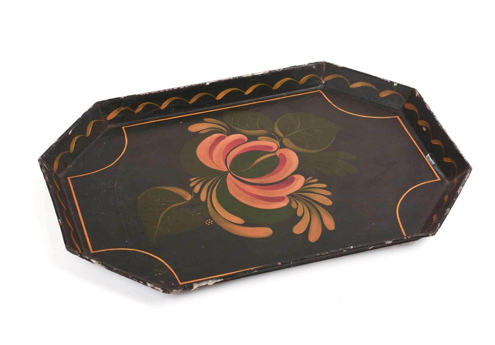 EARLY 19TH CENTURY TOLE TRAY.: 12 x 8.25 inches. Light paper residue on back.