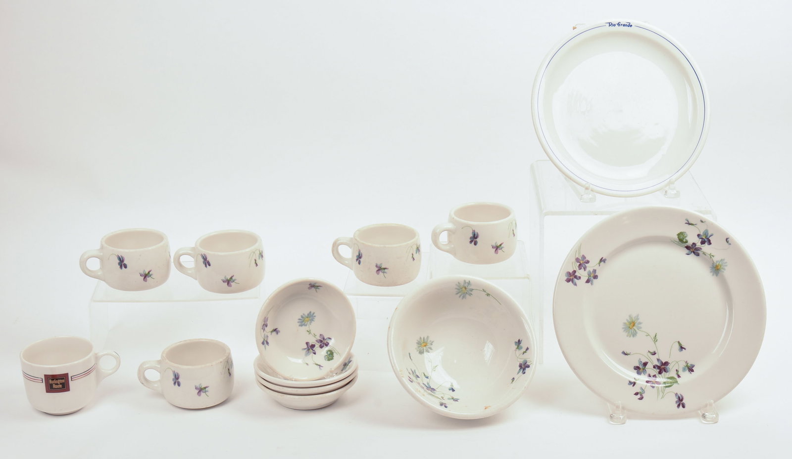 COLLECTION OF RAILROAD CHINA BY SYRACUSE.: Rio Grande plate, Burlington line mug, 6 mugs, 4 saucers, a plate, and a bowl. Good condition.