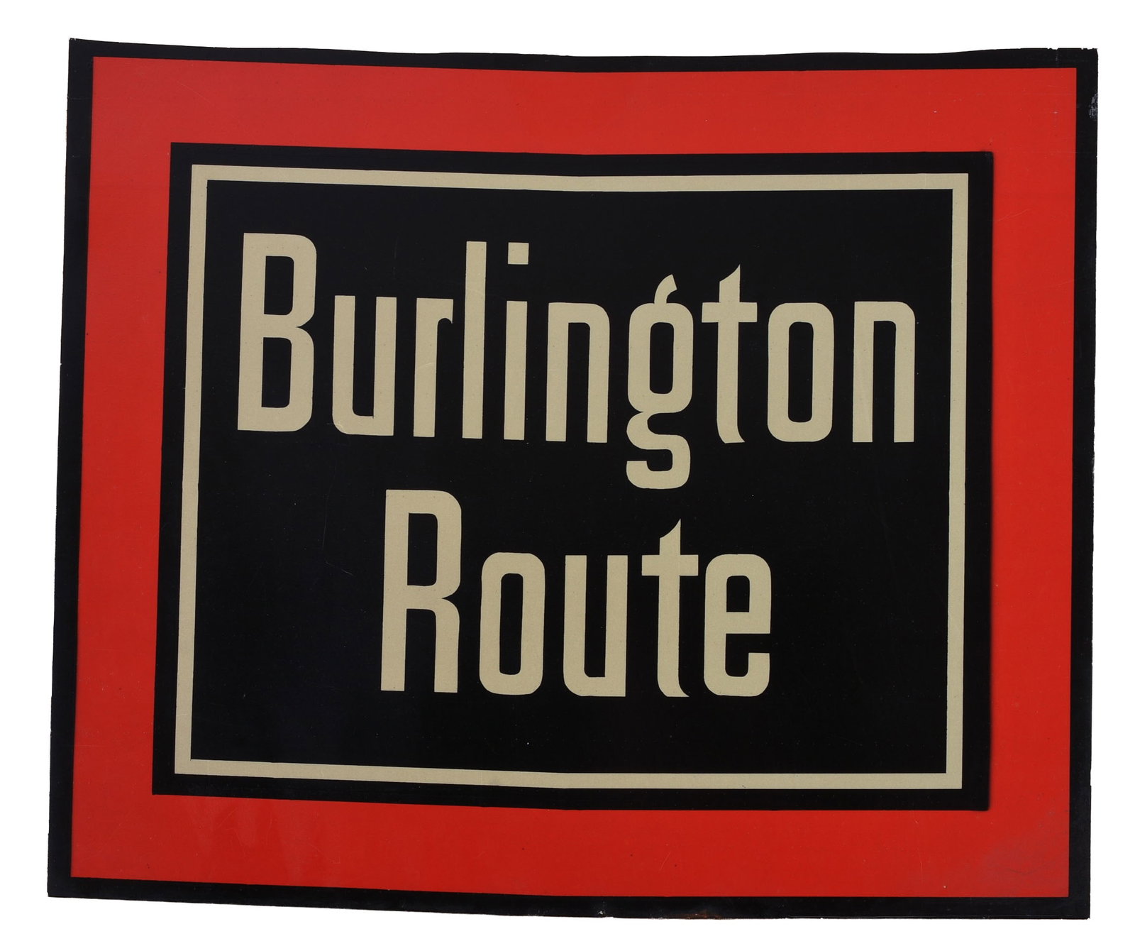 BURLINGTON ROUTE ENAMEL RAILROAD SIGN.: 22 x 26.25 inches. Excellent condition, appears to be new old stock.