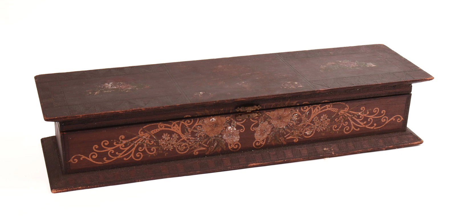 19TH CENTURY CARVED AND PAINTED BOX.: 5 x 26 x 7.5 inches. Some paint loss.
