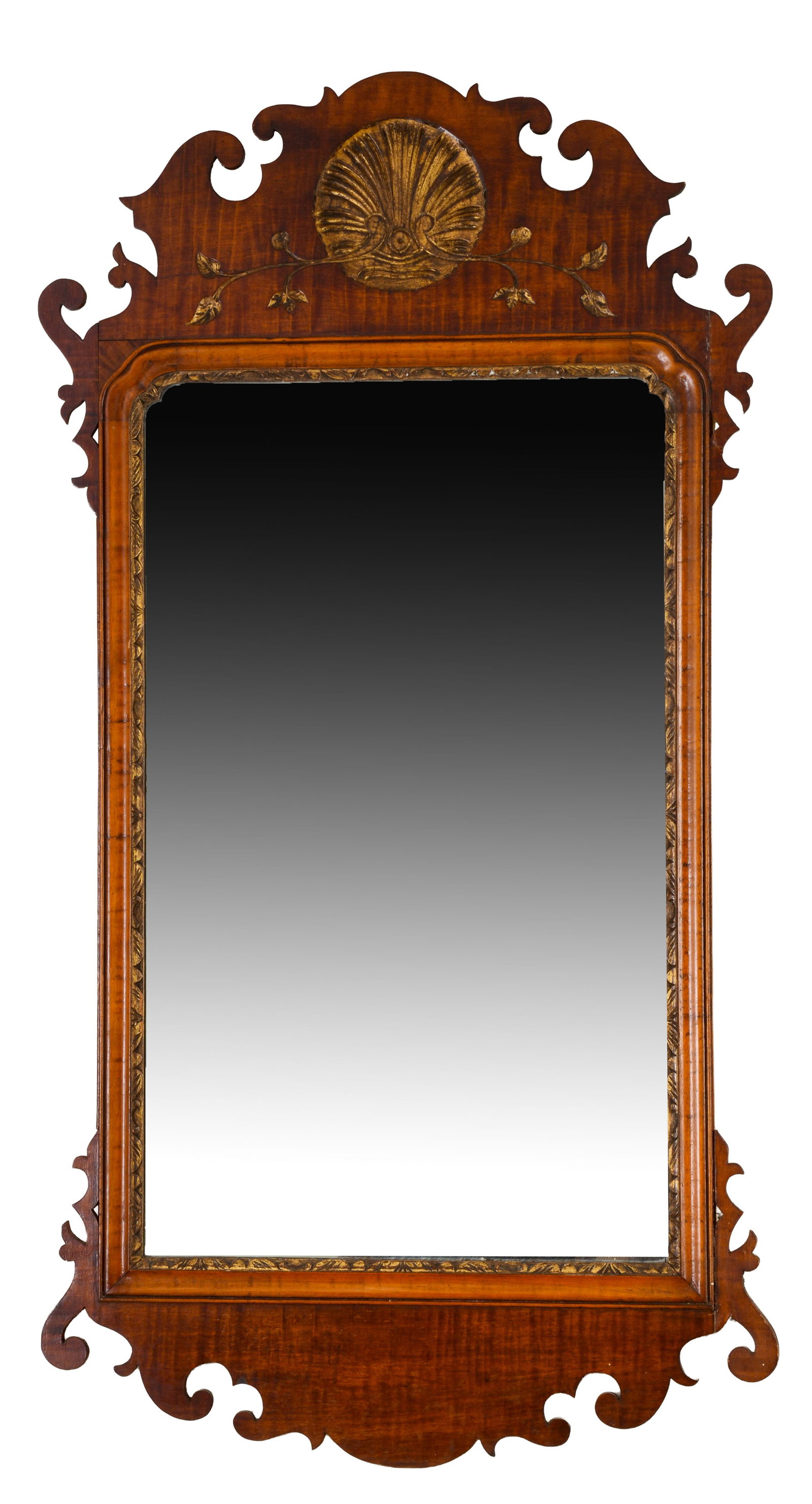 19TH CENTURY TIGER MAPLE CHIPPENDALE MIRROR.: 40 x 21.25 inches. One ear loose.
