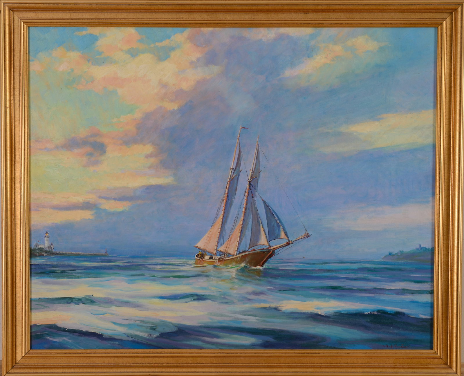 HAROLD G. RUNDLETT. TWO MASTED SCHOONER WITH ANNISQUAM LIGHTHOUSE.: Framed oil on board. Sight 24 x 30 inches. Frame 27 x 33 inches.