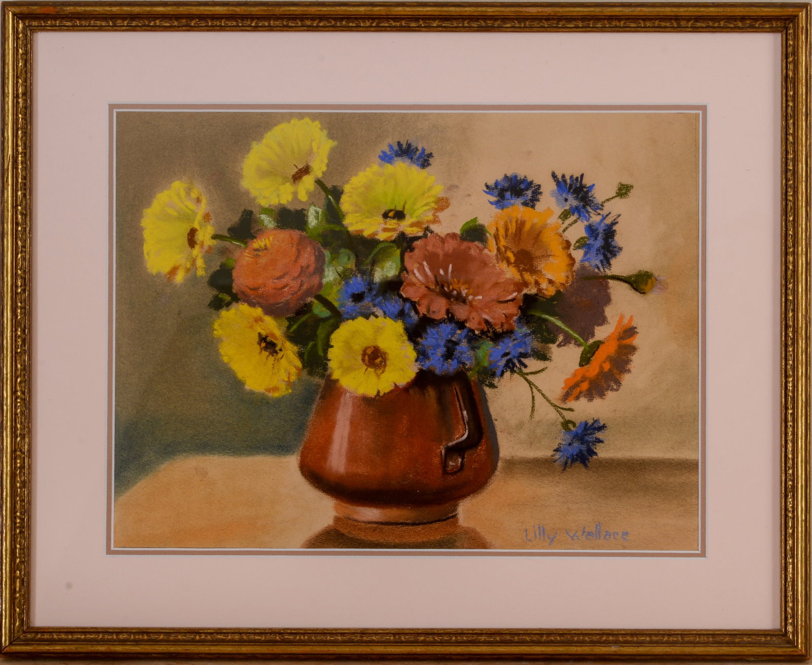 LILLIE T. WALLACE (1888 - 1962). FLOWER ARRANGEMENT.: Framed pastel on paper, signed lower right. Sight 11.5 x 15 inches. Frame 17 x 21 inches.