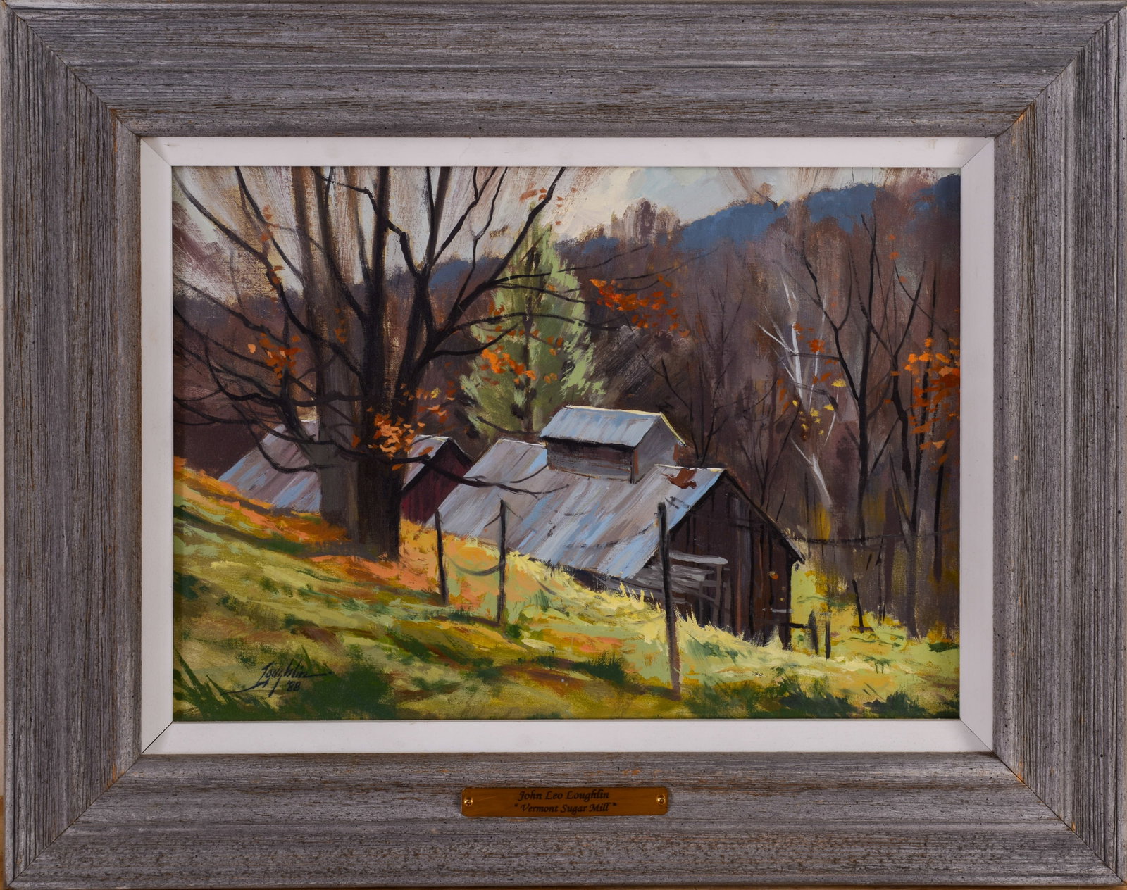 JOHN LOUGHLIN (1931 - 2004). VERMONT SUGAR MILL.: Framed oil on canvas, signed and dated 1988 lower left. Sight 10 x 14 inches. Frame 15 x 19 inches.