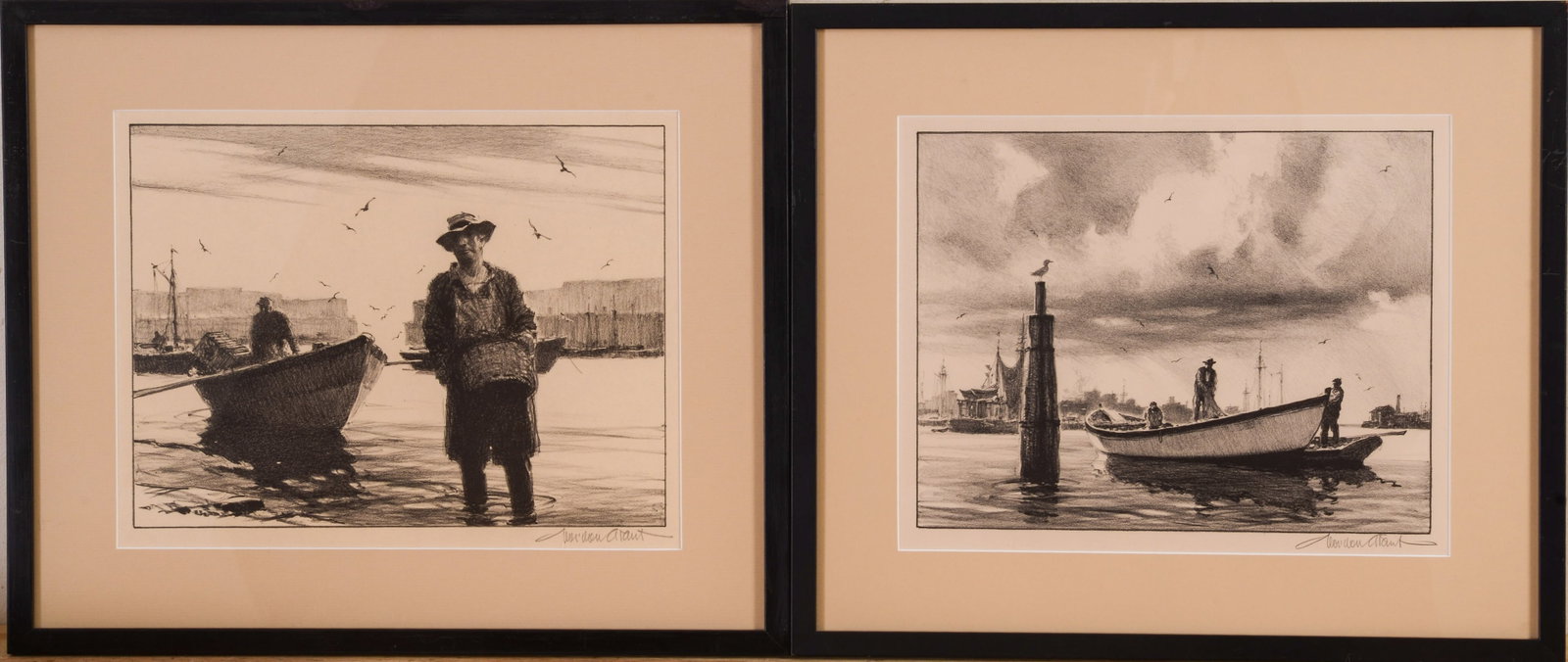 GORDON GRANT. TWO LITHOGRAPHS.: "Between Tides" and "Any Lobsters Today?" Pencil signed. Images 9 x 12, and 9 x 11.5 inches. Framed, 15 x 17.5, and 14.5 x 17 inches.