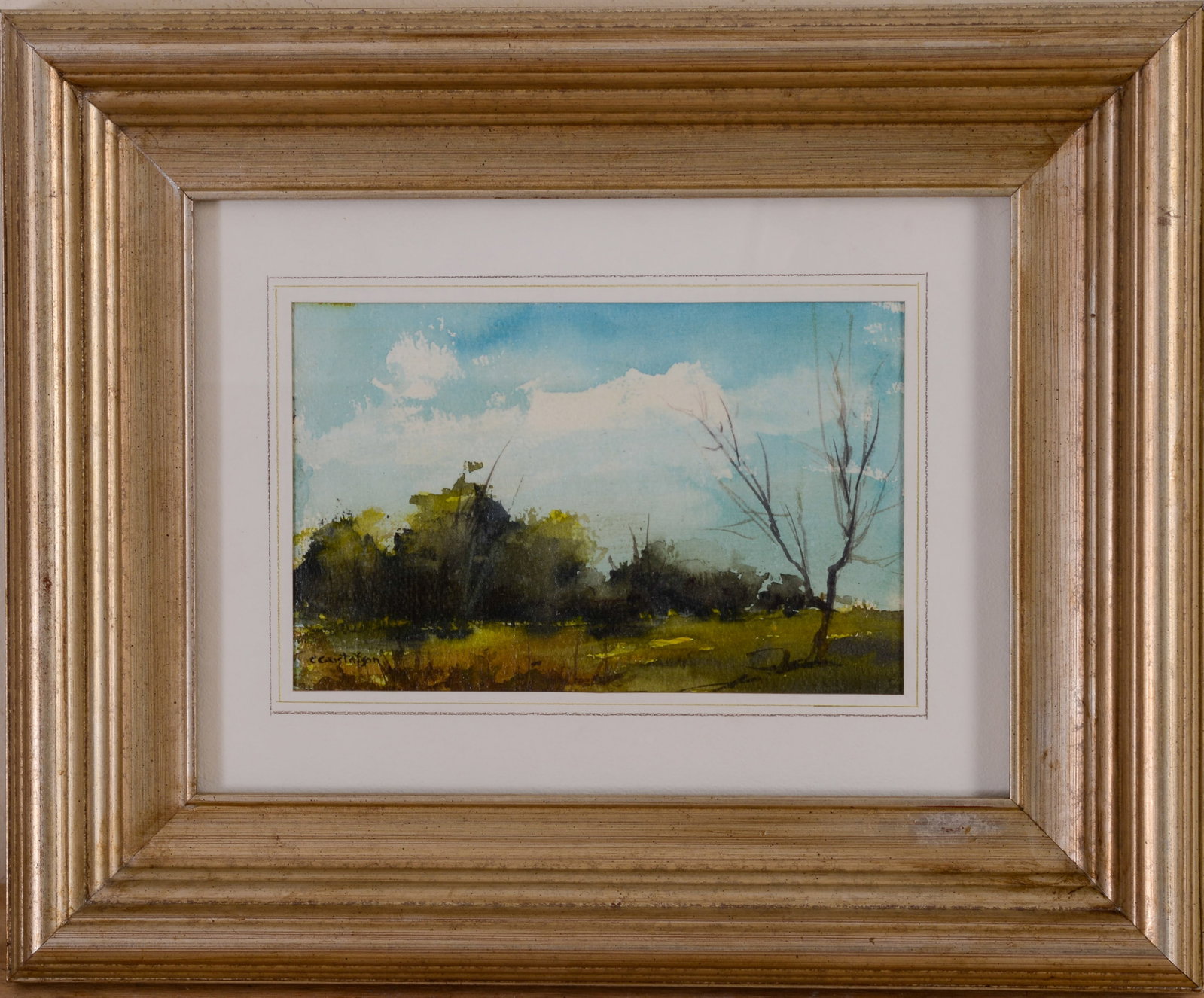 CARL A.S. GUSTAFSON (1910 - 2011). EDGE OF MARSH.: Framed watercolor on paper, signed lower left. Sight 5.5 x 8.5 inches. Frame 14 x 16.5 inches.