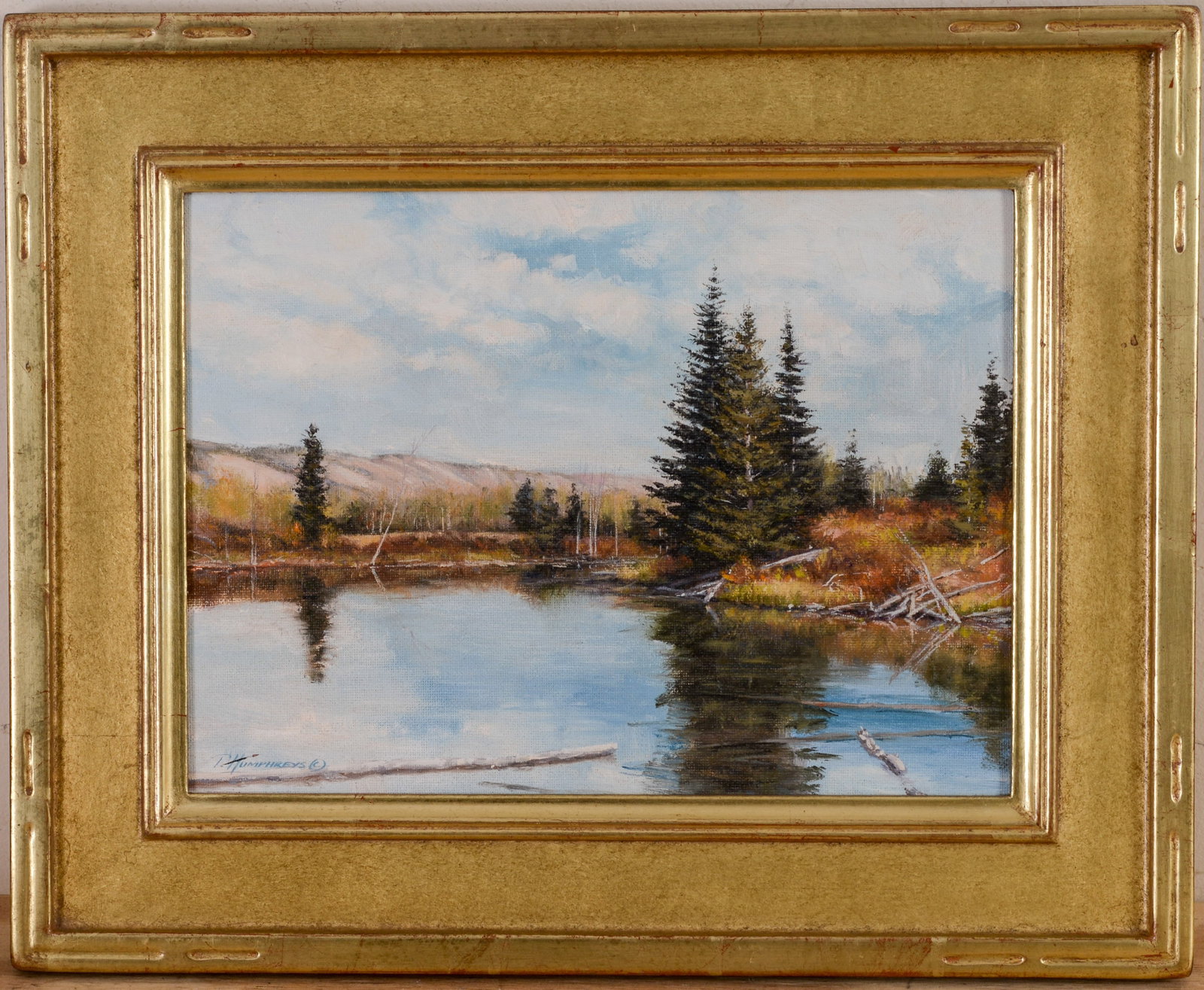 TRAVIS HUMPHREYS (B. 1965). WHITE CLIFFS POND.: Oil on board, signed lower left. Sight 9 x 12 inches. In 16k gold gilt frame, 13.5 x 16.5 inches.