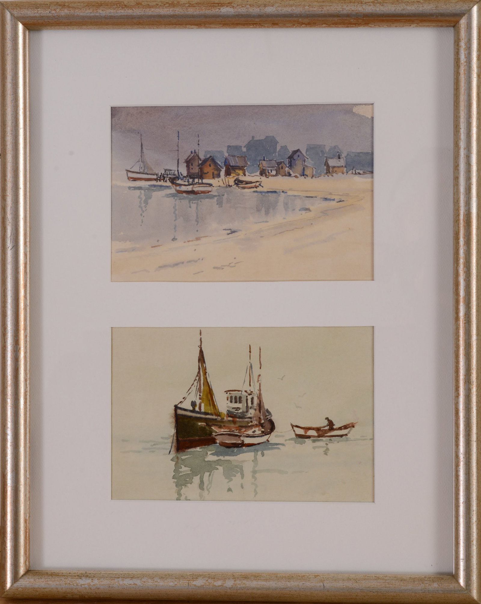 CAPE ANN WATERS FRAMED WATERCOLORS.: Unsigned. Two paintings framed as one, 15 x 12 inches. 
