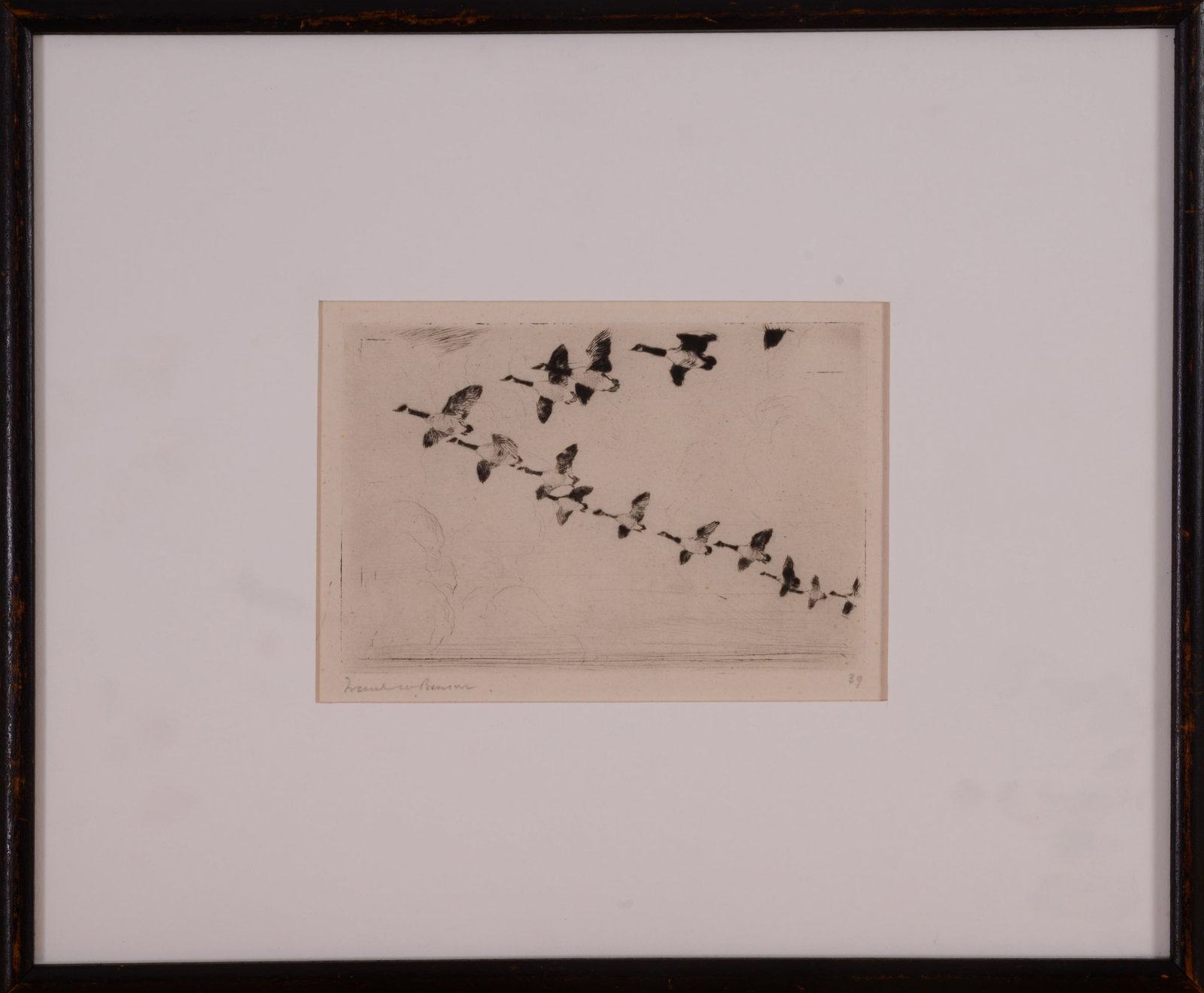 FRANK W. BENSON (1862-1951). THE V.: Framed drypoint on paper, pencil signed. Label for Frederick Keppel & Co., New York. Image 4 x 5.75 inches. Frame 11.5 x 13.5 inches. 