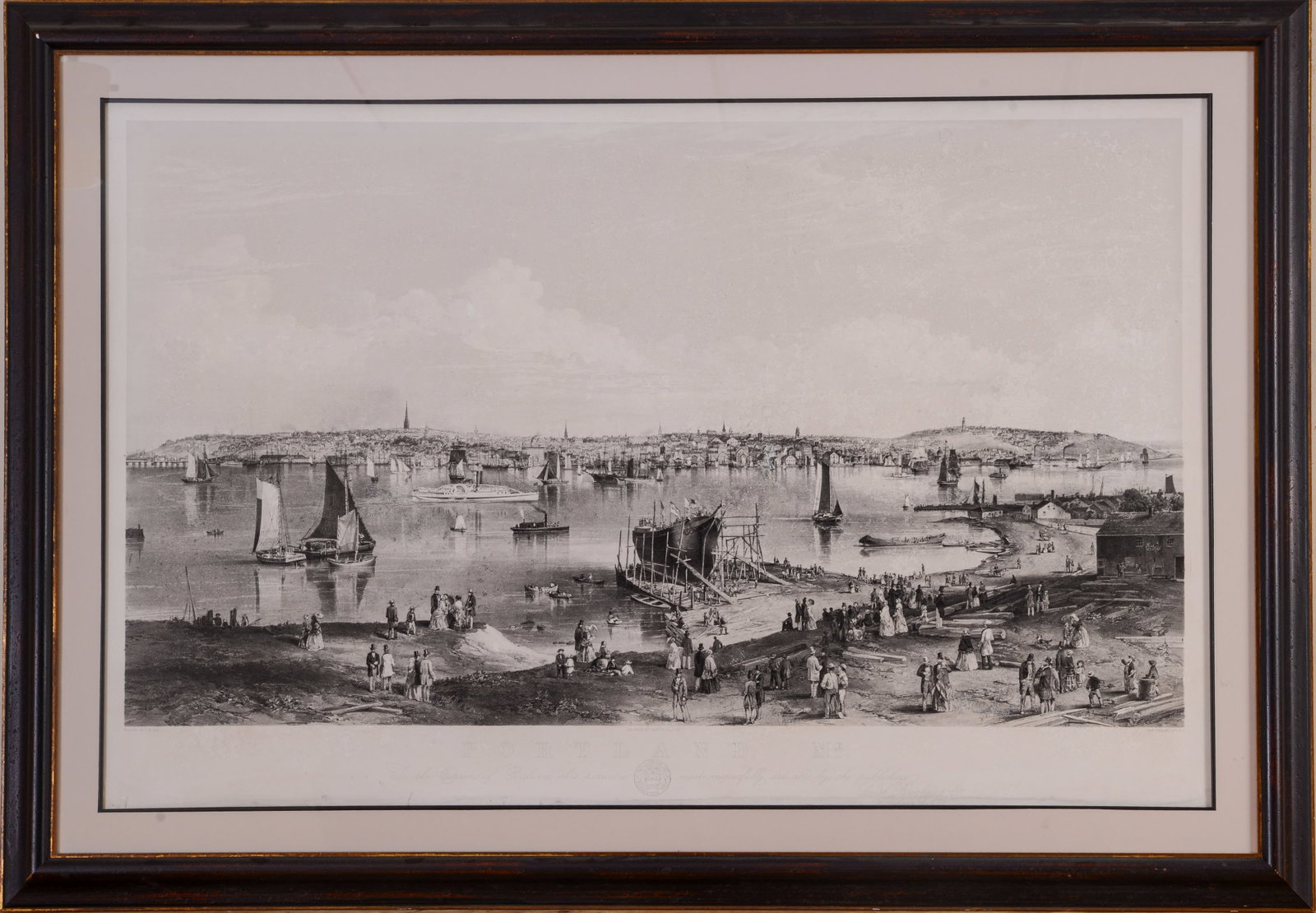 JOHN HILL'S 1855 VIEW OF PORTLAND, MAINE, FROM CAPE ELIZABETH.: Lithographer Charles Parsons. Printed by Endicott & Co., 1855. Sight 26 x 41 inches. Framed, 34 x 49 inches. Some fading and rippling, seems to be professionally cleaned.