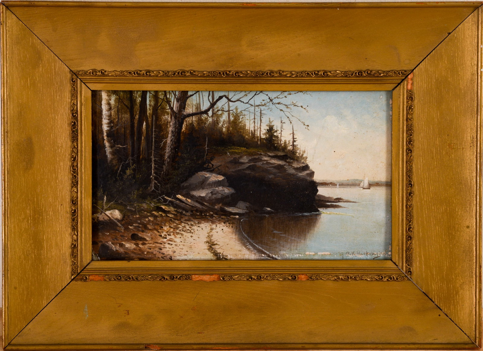 GEORGE M. HATHAWAY (1852 - 1903). SAILBOAT OFF THE COAST OF MAINE.: Framed oil on board, signed lower right. Sight 6.5 x 10.5 inches. Frame 12 x 16 inches. Some losses to edges of painting and frame.