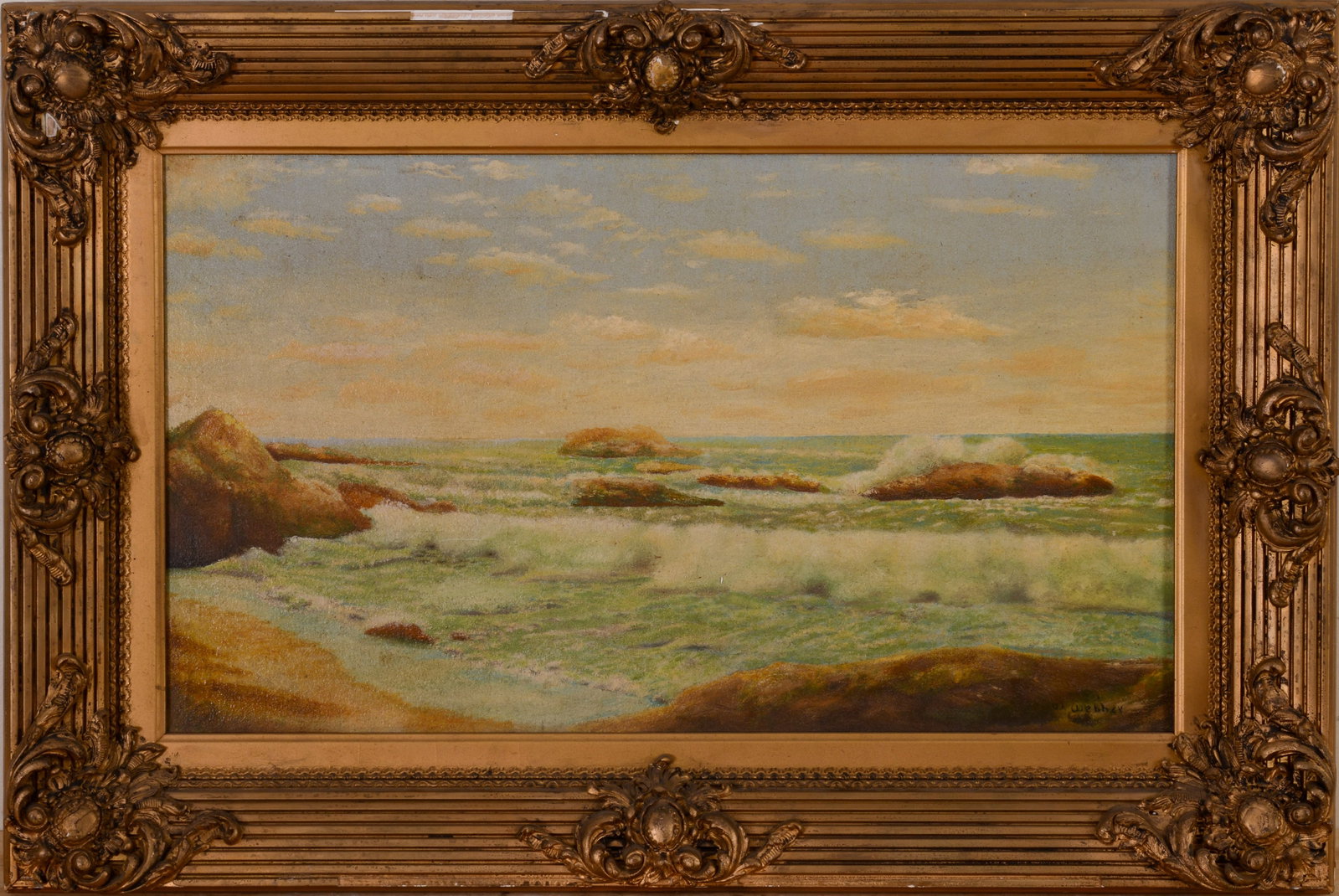 WESLEY ELBRIDGE WEBBER (1841 - 1914). CRASHING SURF.: Framed oil on canvas. Sight 14 x 24 inches. Some losses to frame.