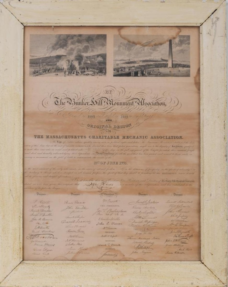 BUNKER HILL MONUMENT ASSOCIATION CERTIFICATE.: Presented to Stephen Rhoades, circa 1833. Framed, 28 x 21 inches.