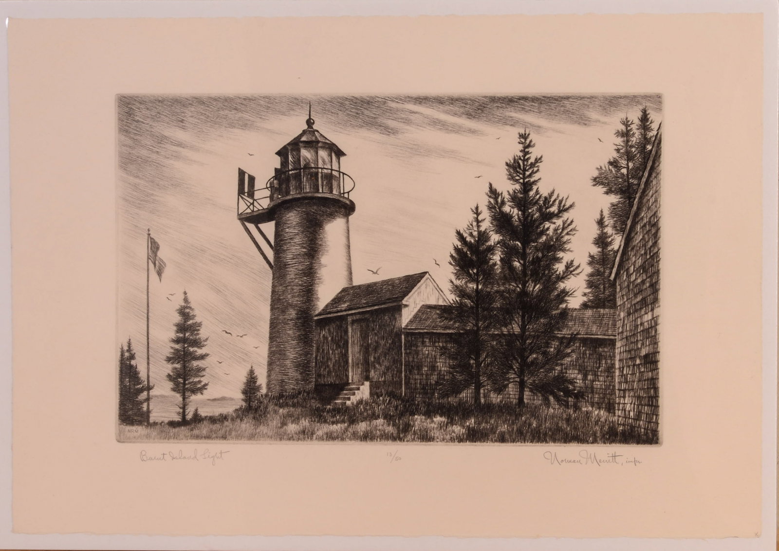 NORMAN MERRITT. BURNT ISLAND LIGHT.: Unframed engraving, pencil signed, numbered 13/50, and titled. Image 9 x 14 inches.