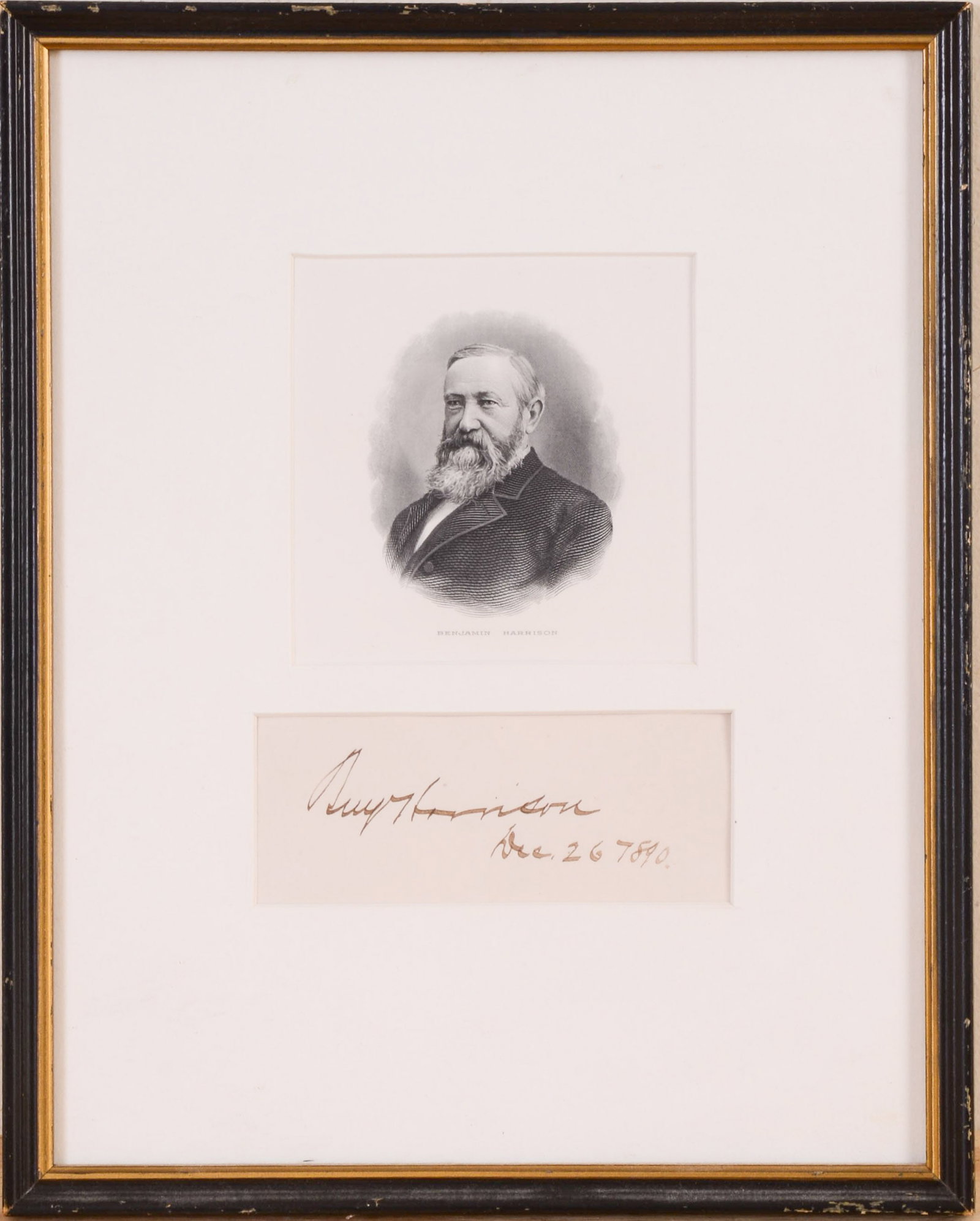 BENJAMIN HARRISON CUT AUTOGRAPH.: Framed, 11.5 x 9 inches.
