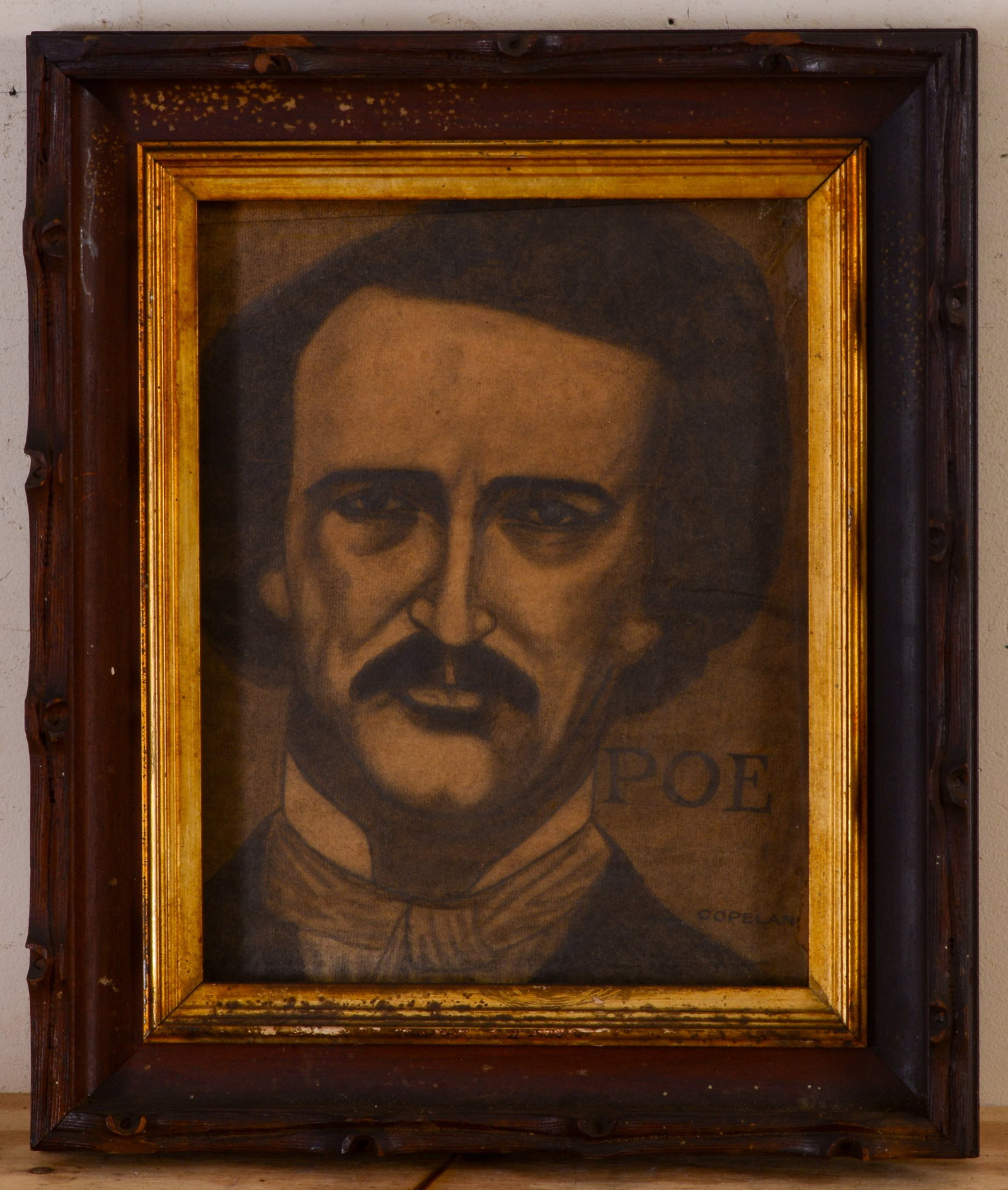 CHARCOAL DRAWING OF EDGAR ALLAN POE.: Signed Copeland. Sight 13.5 x 10.5 inches. In a walnut frame, 19 x 16 inches.