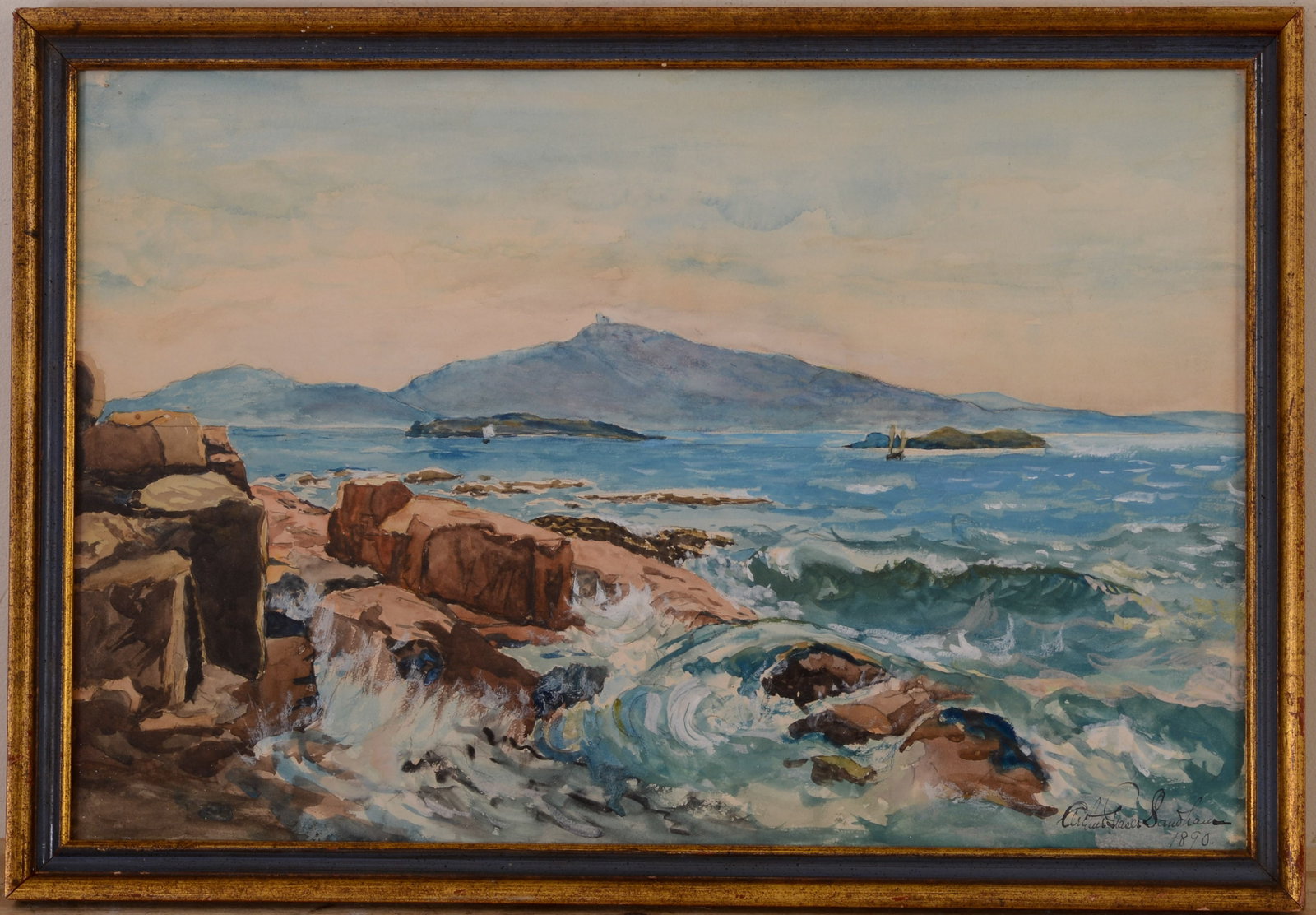 1890 WATERCOLOR OF THE MAINE COAST.: Signed and dated 1890 lower right. Sight 13 x 20 inches. Framed 15 x 22 inches.