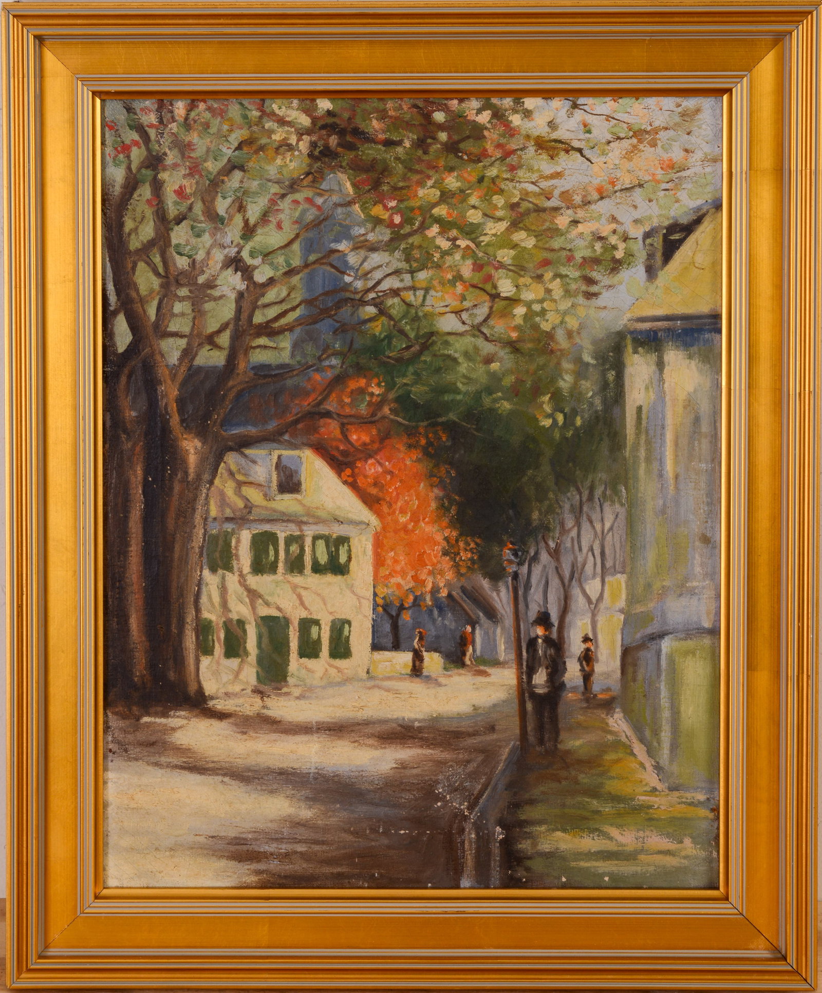 AMERICAN IMPRESSIONIST AUTUMN STREETSCAPE.: Early 20th century oil on canvas. Sight 13 x 17 inches. Frame 16.5 x 20.5 inches.