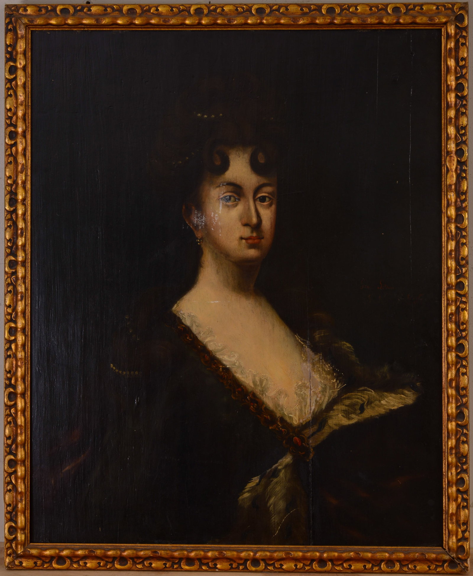 PORTRAIT OF A JACOBEAN WOMAN.: Wearing a feather-embellished gown, signed and dated 1695. Framed oil on cradled panel. Sight 30 x 25 inches. 