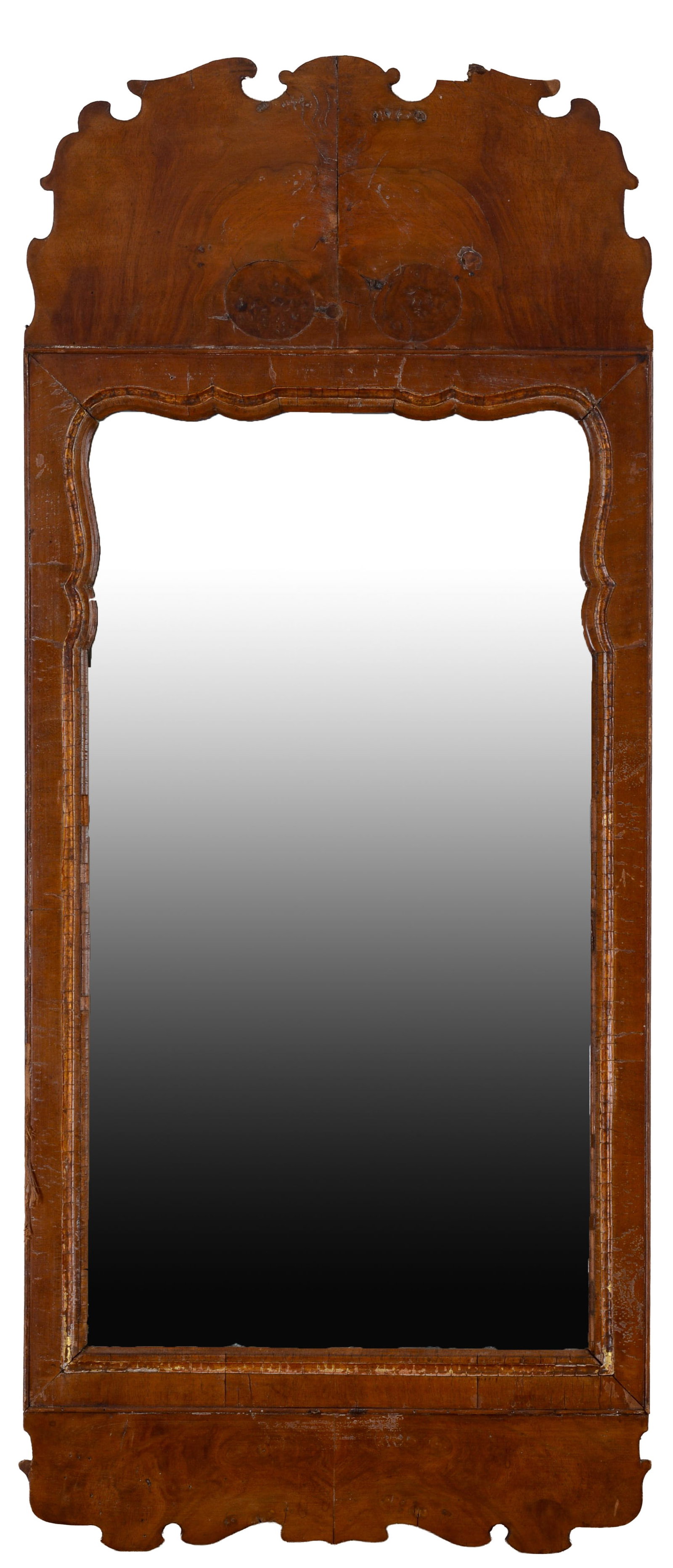 QUEEN ANNE PERIOD LOOKING GLASS.: 18th-century walnut veneered frame with deeply scrolled crest. 35.5 x 15.25 inches.