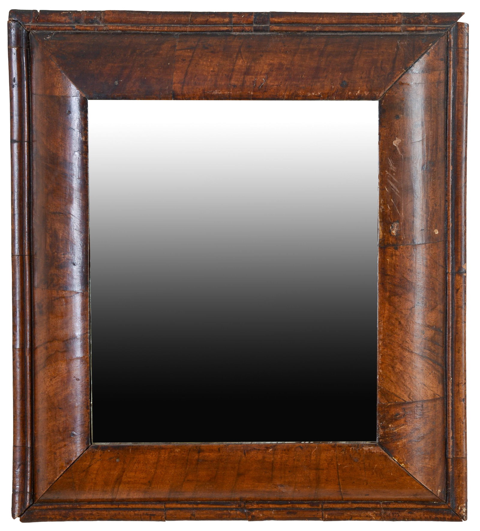 WILLIAM & MARY WALNUT VENEERED CUSHION MIRROR.: Circa 1680 - 1700. 18 x 16 inches.