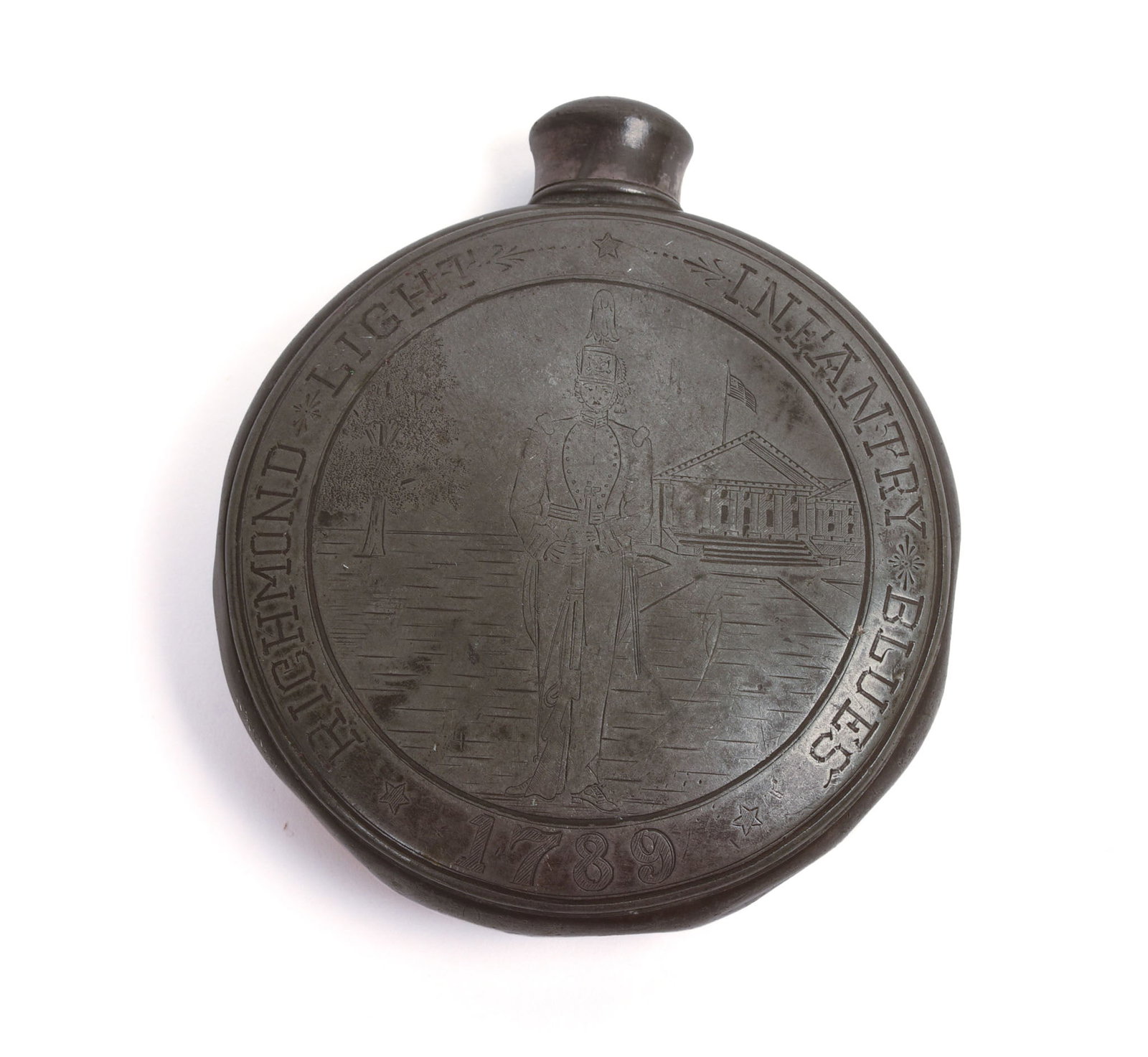 RICHMOND LIGHT INFANTRY BLUES FLASK.: Diameter 4 inches. Some dents.